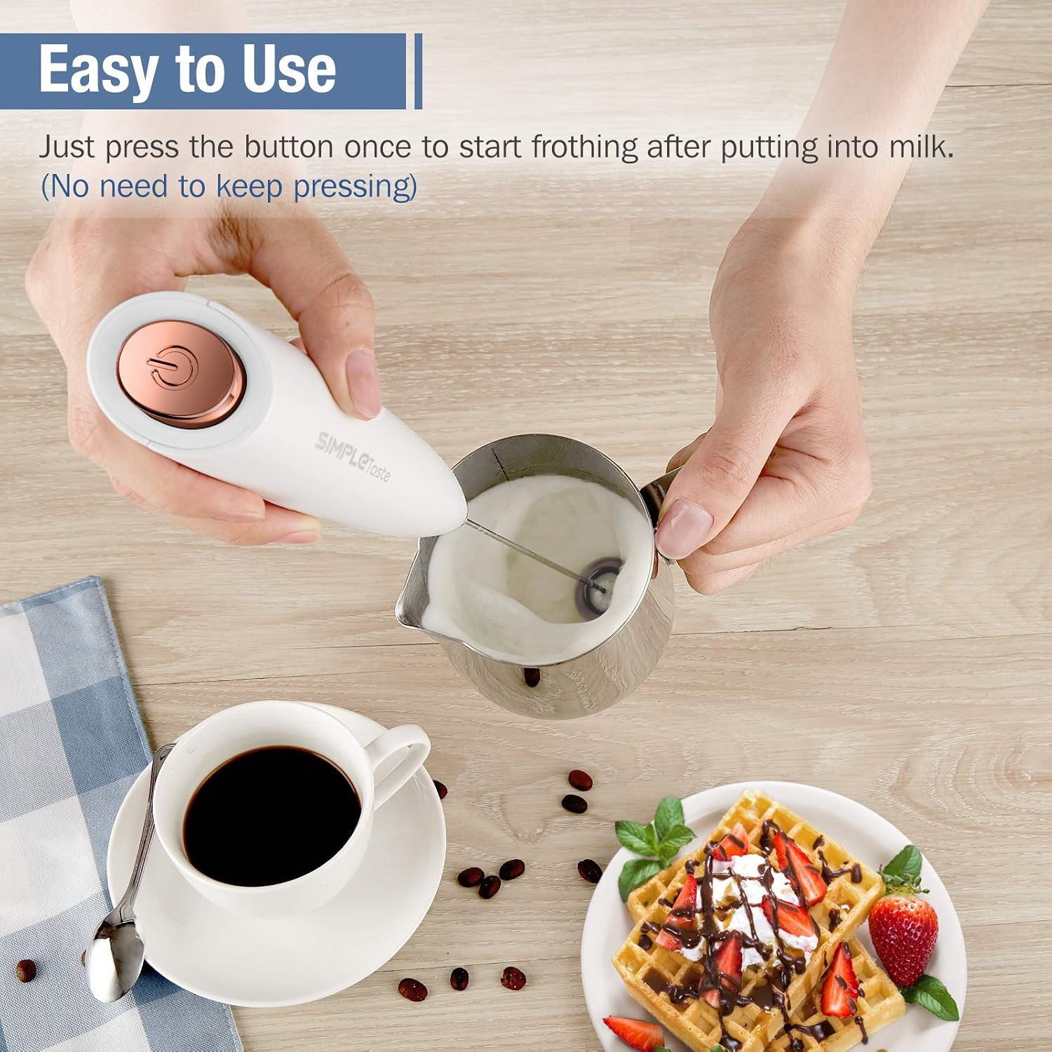 SIMPLETASTE Milchaufschäumer, handlicher, batteriebetriebener elektrischer Schaumbereiter, Getränkemixer mit Edelstahl-Schneebesen und Ständer für Cappuccino, kugelsicheren Kaffee, Latte – Bild 2