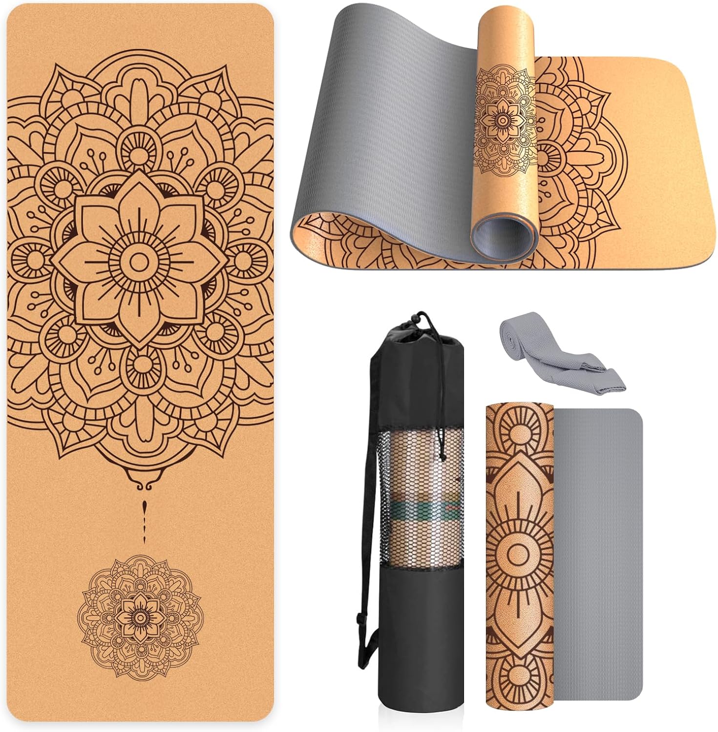 Yogamatte aus Kork – rutschfeste Yogamatte, einzigartiges Design, TPE-Gymnastikmatte aus Naturkautschuk, Trainingsmatte mit Tragetasche und Gurt, für Zuhause, Pilates, Aerobic, Fitnessstudio und Workout