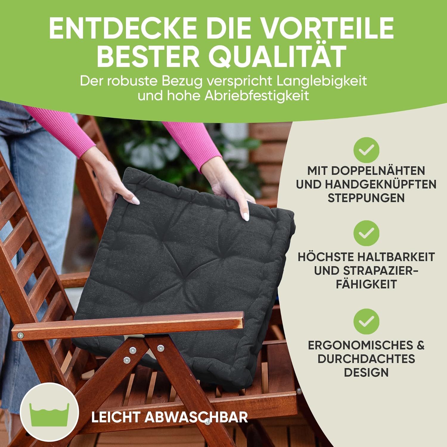 Gräfenstayn® 4er Set Sitzkissen Stuhlkissen 40 x 40 x 8 cm für den Innen- und Außenbereich aus 100% Baumwolle, dicke Polsterung, Steppkissen/Bodenkissen (Anthrazit) – Bild 5