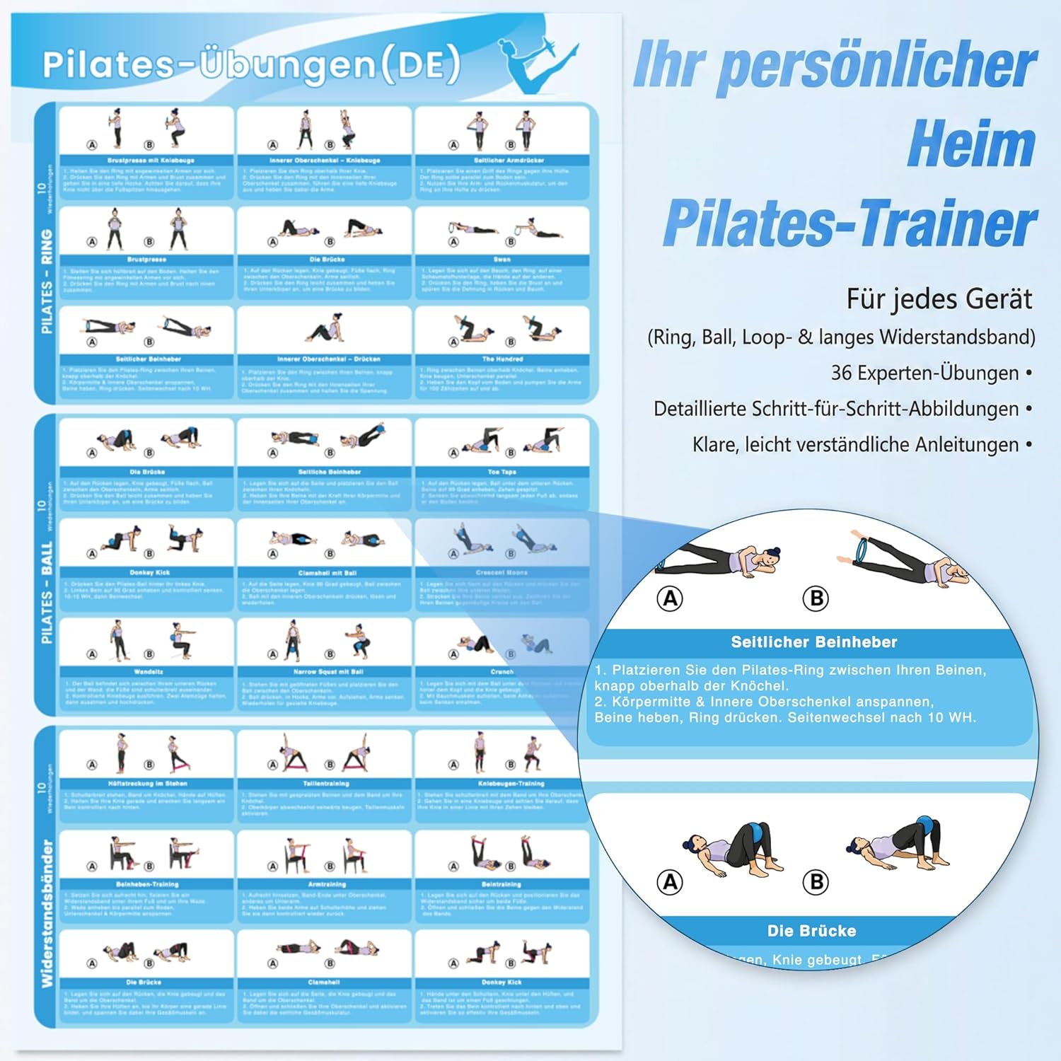 Pilates Set - Pilates Ball, Pilates Ring, Pilates Socken, 3 Stufen Fitnessbänder und Terrabänder, Pilates Set Für Zuhause, Home Workout Pilates Equipment mit Übungsanleitung & Tragebeutel – Bild 6