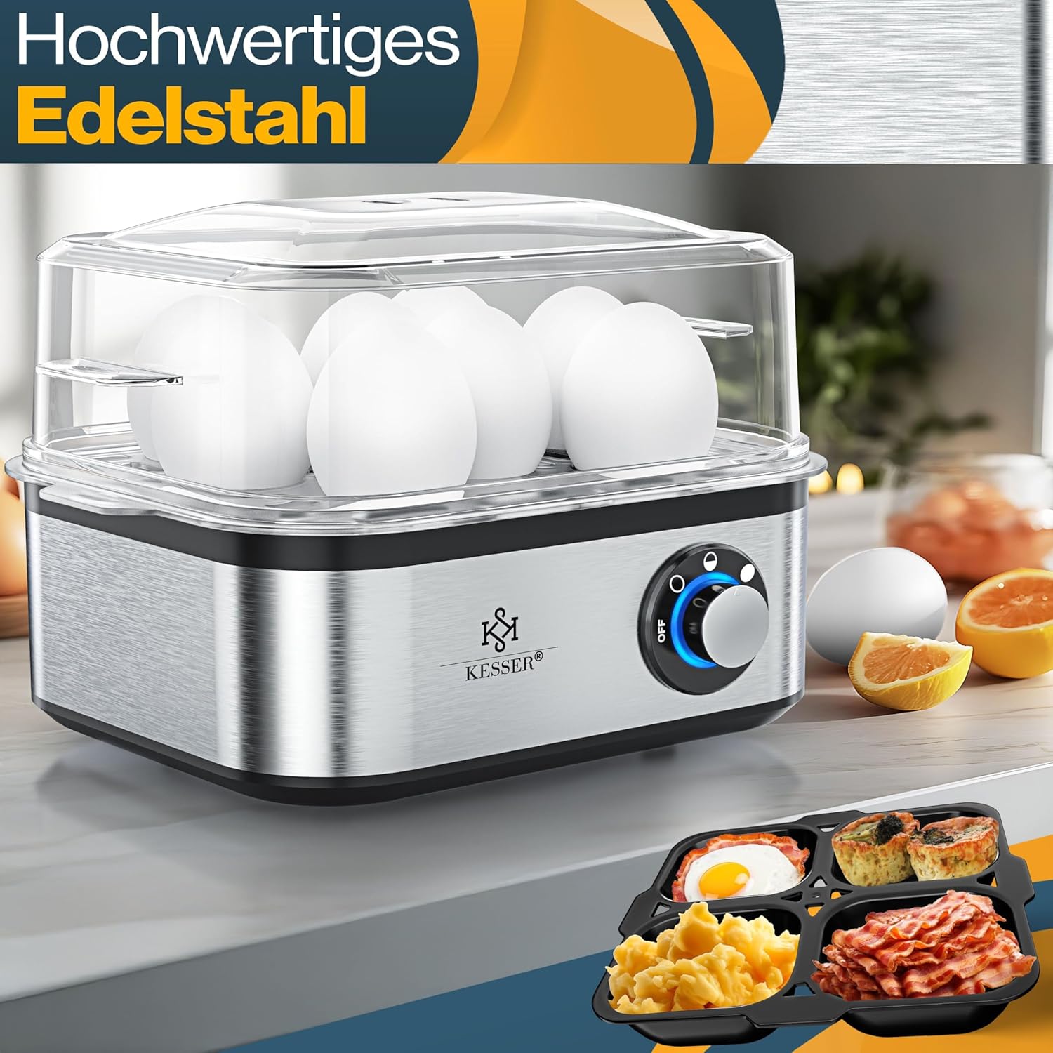 KESSER Eierkocher für 1 bis 8 Eier, elektrisch, Edelstahl, 500 W, Warmhaltefunktion, LED-Drehschalter, drei Härtegrade, BPA-frei und spülmaschinenfest, Messbecher, Eierhalter und Omlette-Schüssel, silberfarben – Bild 2