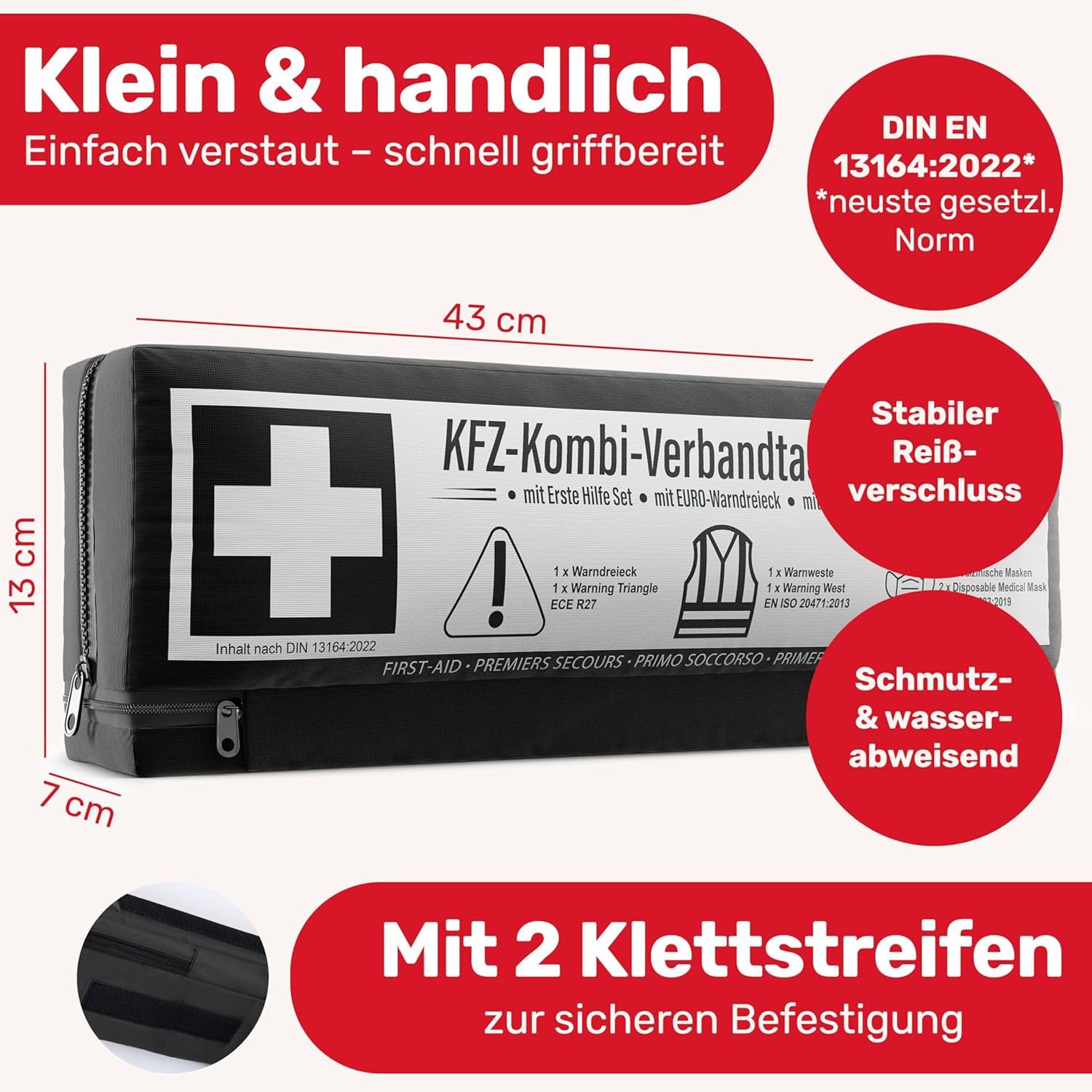 PKW Kombitasche (3 in 1) nach aktueller Norm 2026 - inkl. Warndreieck, Warnweste - Verbandskasten Warndreieck Set Verbandskasten KFZ DIN 13164:2022 (StVO konform) – Bild 5