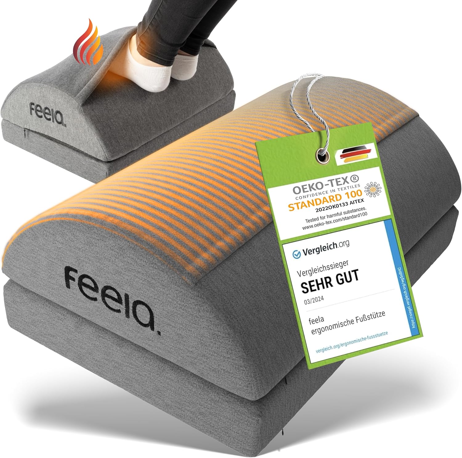 Feela. Fußstützen-Schreibtisch (Vergleichssieger) – Ergonomischer Fußhocker mit Premium-Schaumstoffkern & integriertem Wärmekissen – rutschfest, höhenverstellbar, Schreibtischzubehör (Dunkelgrau)