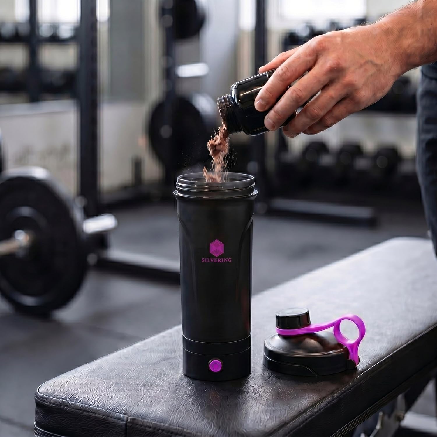Silvering Elektro-Shaker, spülmaschinenfest, Protein-Shaker mit abnehmbarer Motoreinheit, USB-C wiederaufladbar, Trainingsflasche, BPA-frei, 600 ml, Protein-Shaker elektrisch (lila) – Bild 2
