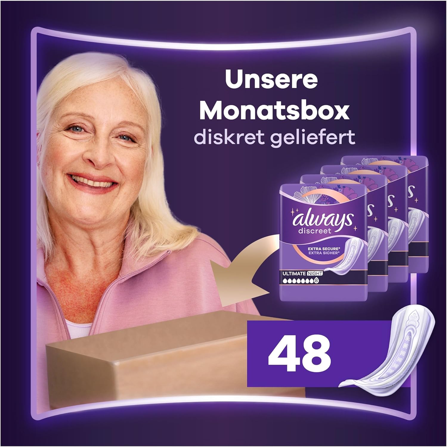 Always Discreet Plus Ultimate Inkontinenzeinlagen für die Nacht, 48 Einlagen (4 x 12 Einlagen) für Frauen, starker Schutz, den Sie kaum spüren – Bild 2