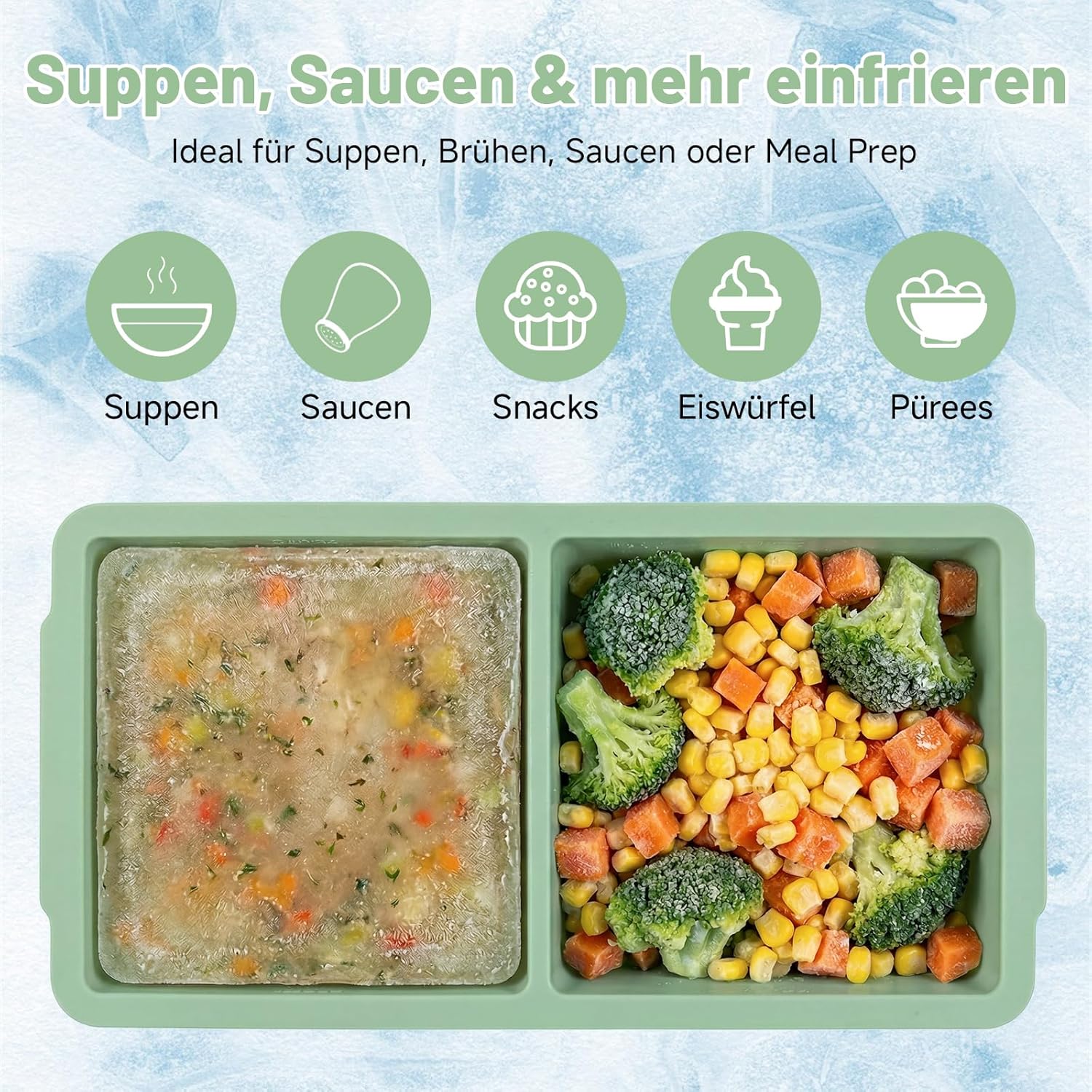 Souper Cube Silikon-Gefrierform mit Deckel, 2er-Set XXL-Eiswürfelform groß/Eiswürfelform (500 ml), Meal Prep & Suppen-Gefrierbehälter, BPA-frei, stapelbar (Mintgrün) – Bild 2