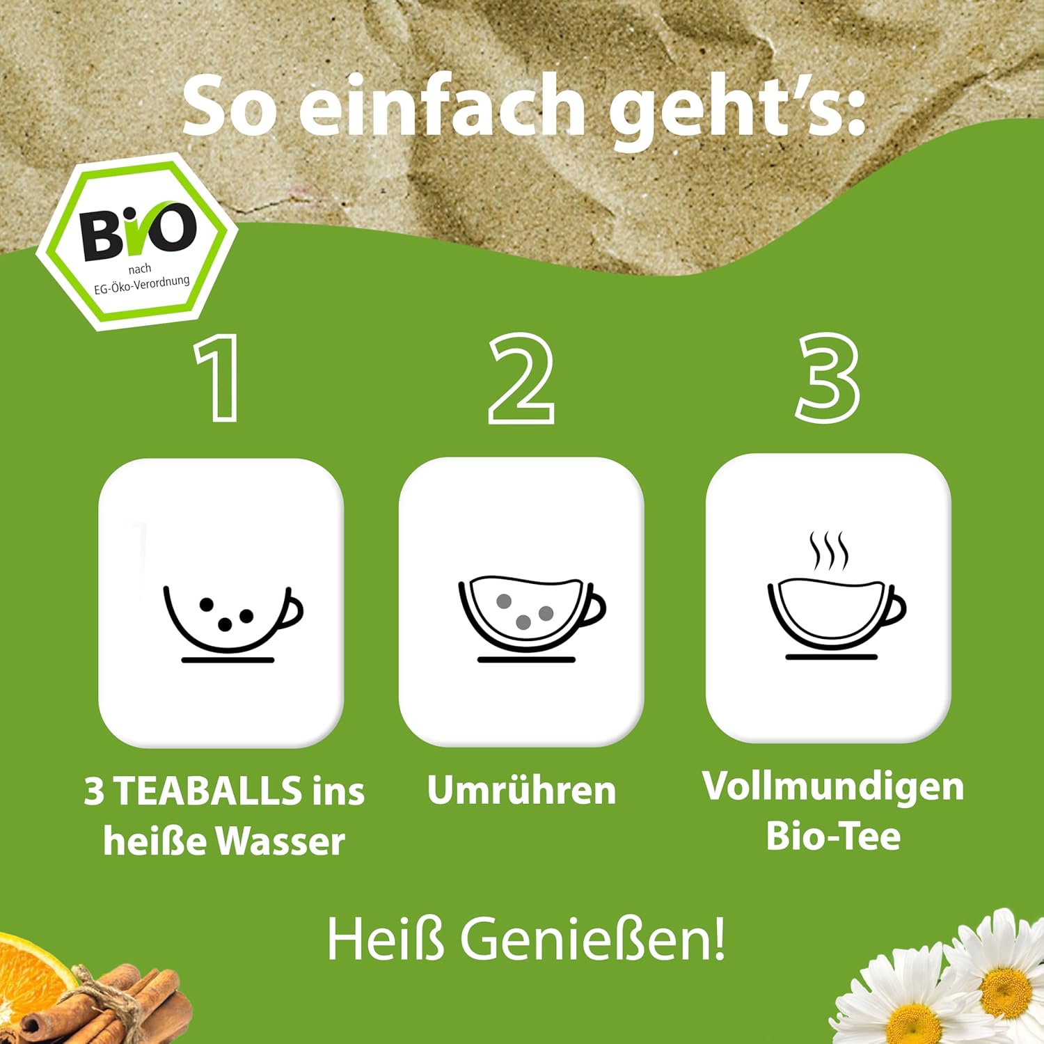 TEABALLS Bio – 3er-Set Feel Good – Ingwer-Kurkuma-Orange, Guten-Morgen-Tee, Chai Latte – ca. 120 Tassen – Bio-Tee ohne Beutel, nur mit heißem Wasser, zuckerfrei – Geschenk zum Wohlfühlen – Bild 3