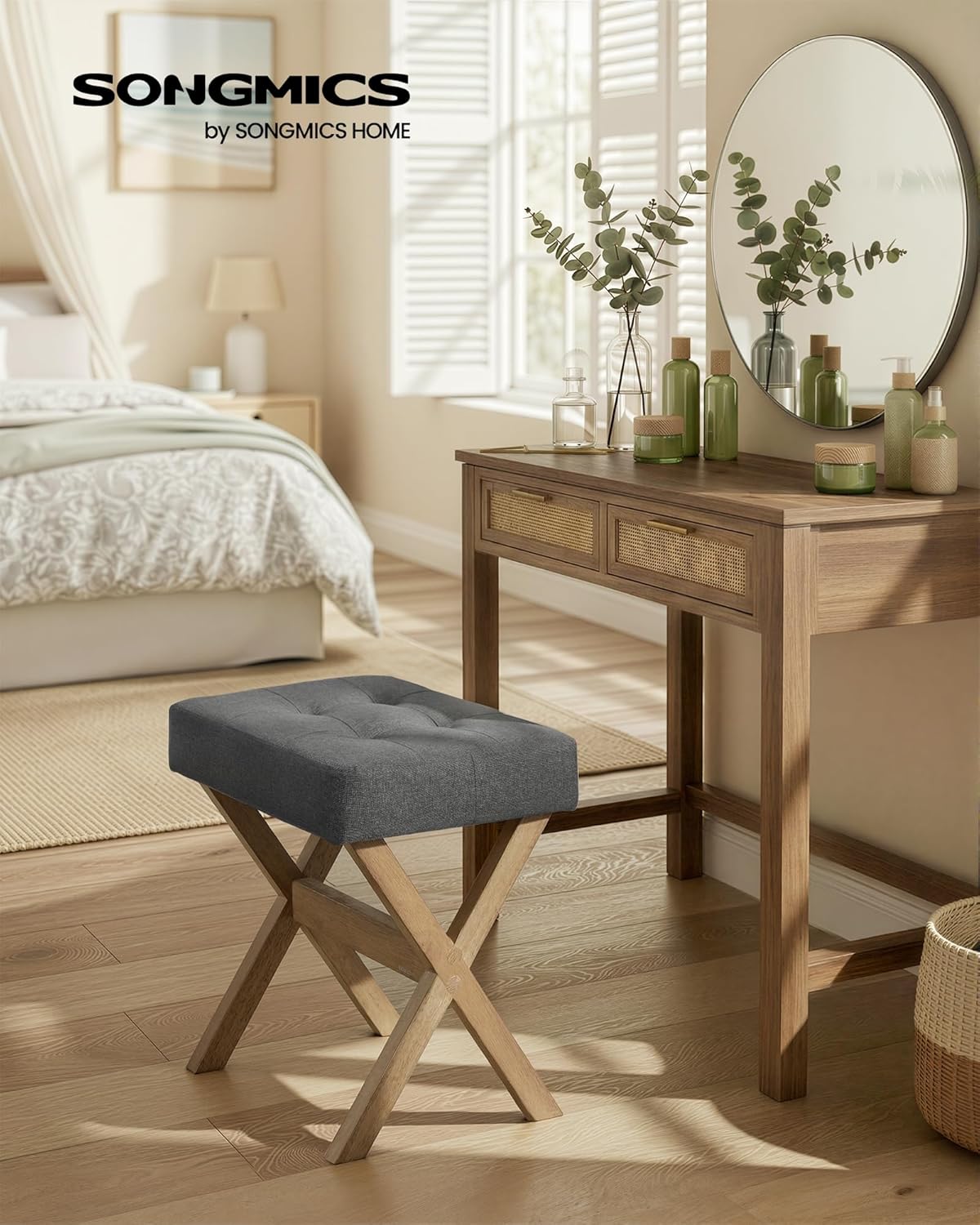 SONGMICS Make-up-Hocker, gepolsterter Hocker, Holzbeine, Fußhocker, Schlafzimmer, Ankleidezimmer, Flur, 32 x 42 x 46 cm, Schiefergrau, Braun, SPF006GN01 – Bild 3