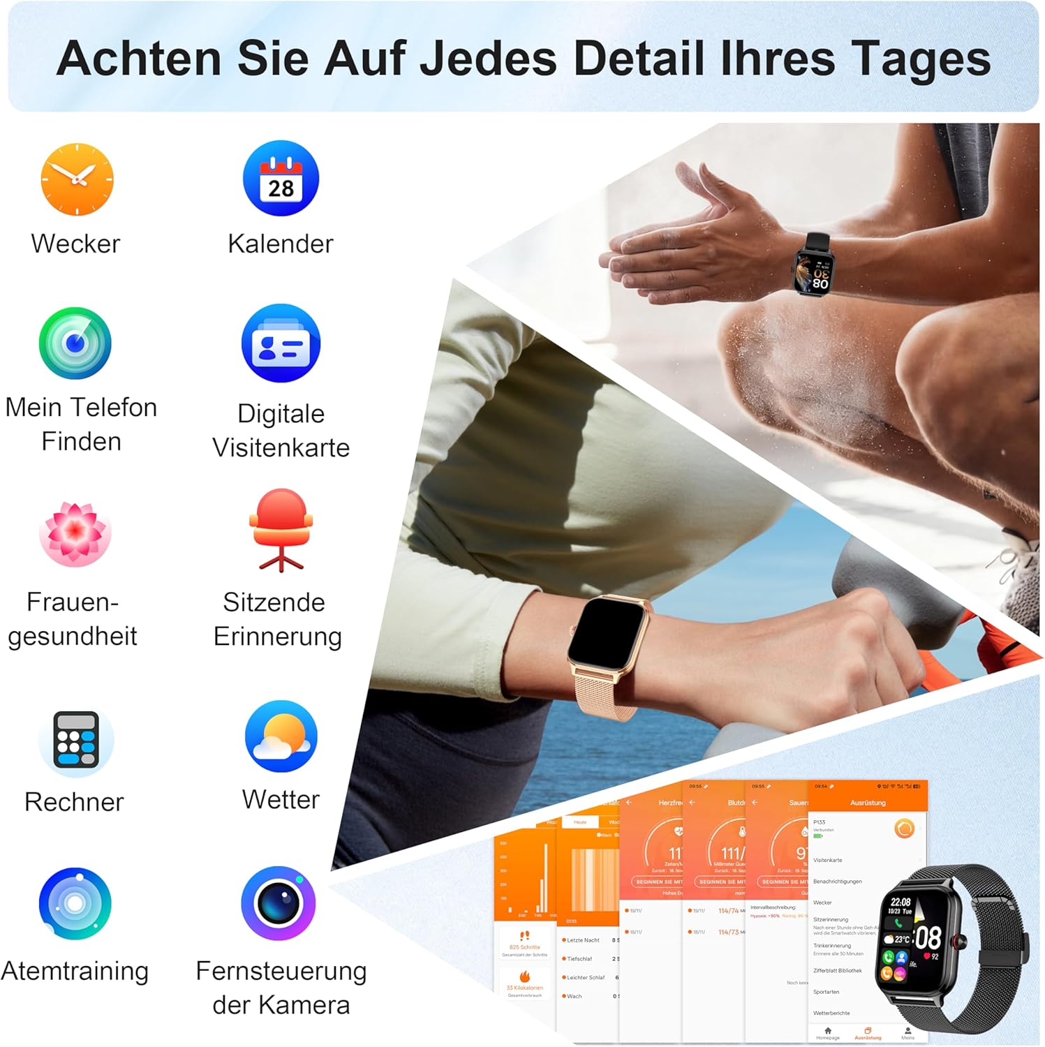 LODIMEKE Smartwatch Herren Damen Telefonfunktion Blutdruck Herzfrequenz Schlaf 1,96 Zoll AI Fitnessuhr 100+ Sportmodi, IP67 Wasserdicht Schrittzähler Wecker Rechner Visitenkarte iOS Android – Bild 7
