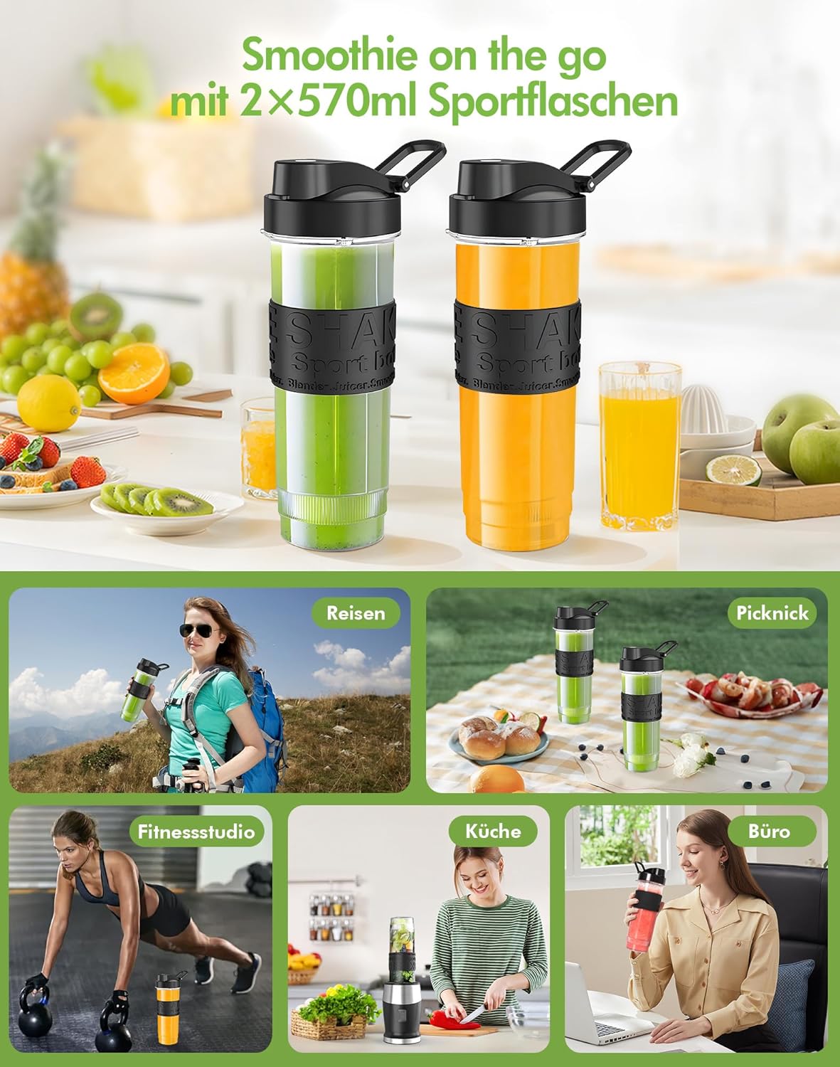 Mixer, 500 W Smoothie Maker, Standmixer & Mixer Smoothie Maker mit 2 x 570 ml Smoothie-Flaschen, BPA-freies Tritan, tragbarer Mixer aus Edelstahl, 4 Klingen für Shake und Smoothie – Bild 4