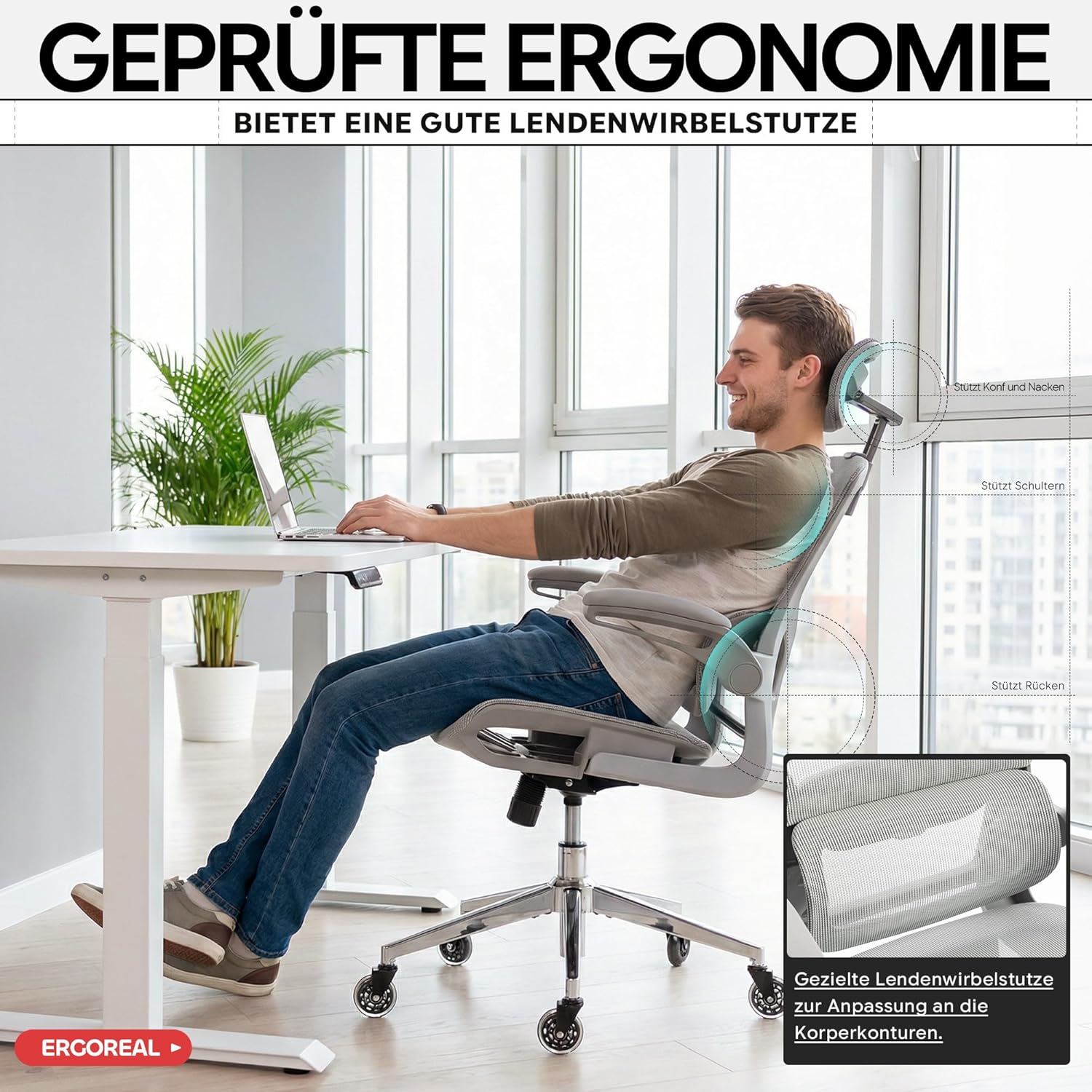 Ergonomischer Bürostuhl mit 150 kg Tragkraft, verstellbaren Armlehnen, dynamischer Lordosenstütze, Wippfunktion – Büro- & Gamingstuhl für Home Office, atmungsaktives Netz, Grau – Bild 6