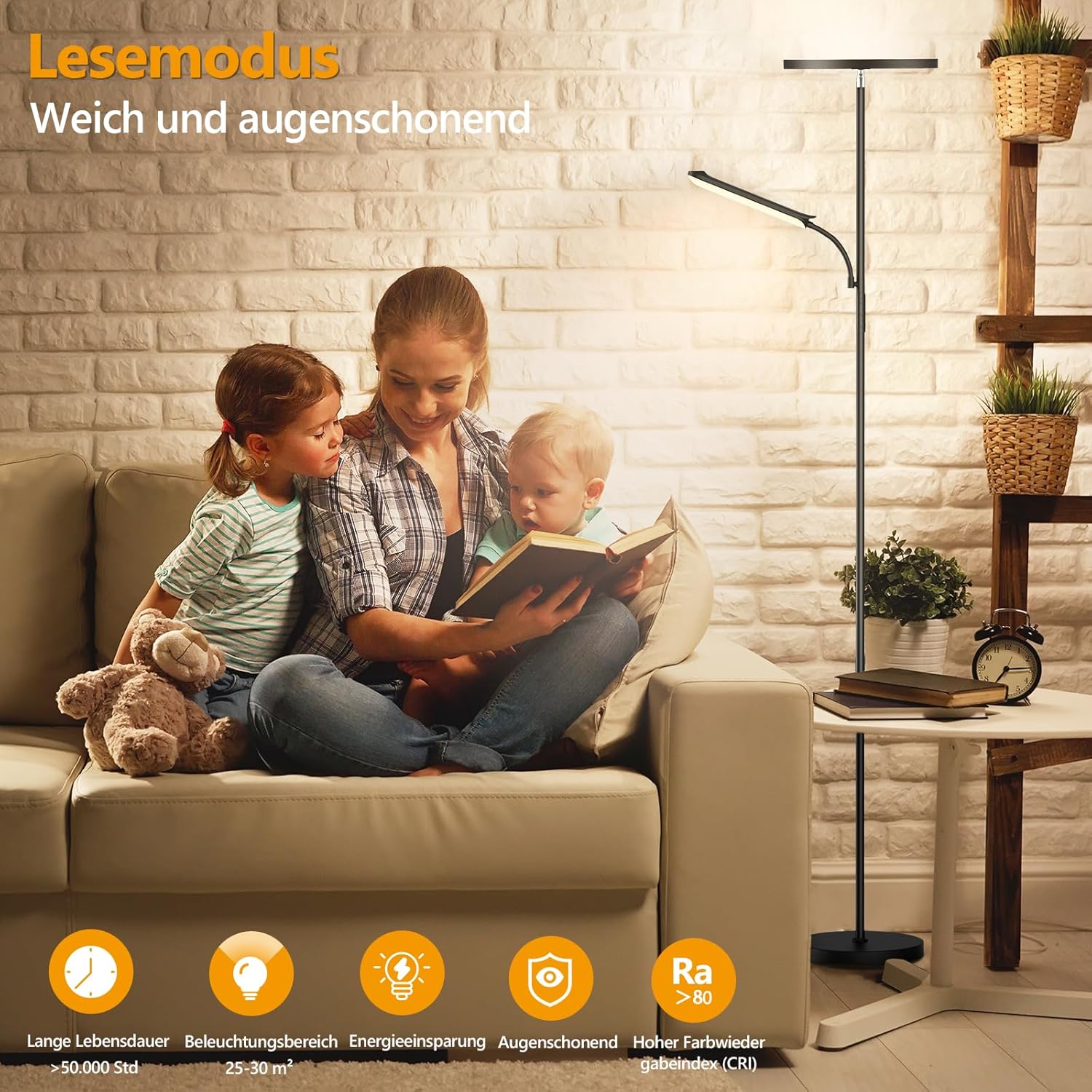 Wohnzimmer Stehlampe, 42W Deckenfluter mit Leselampe, 4200LM LED Stehlampe Dimmbar mit 2700K-6500K Farbtemperatur, Moderne Stehlampe mit Fernbedienung und Touch-Steuerung für Wohnzimmer, Schlafzimmer – Bild 5