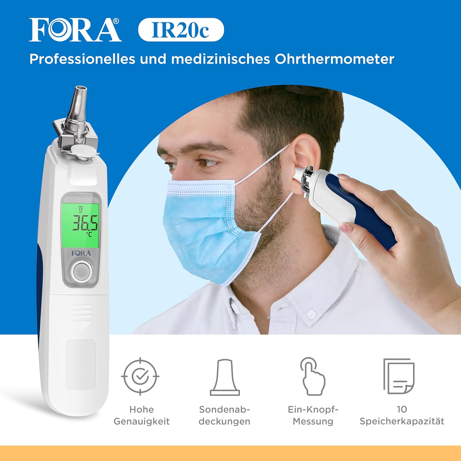 FORA IR20C Infrarot-Ohrthermometer in medizinischer Qualität mit 16 Einweg-Schutzkappen, kleiner Eisenkopf, langlebig, leicht zu reinigen – Bild 2