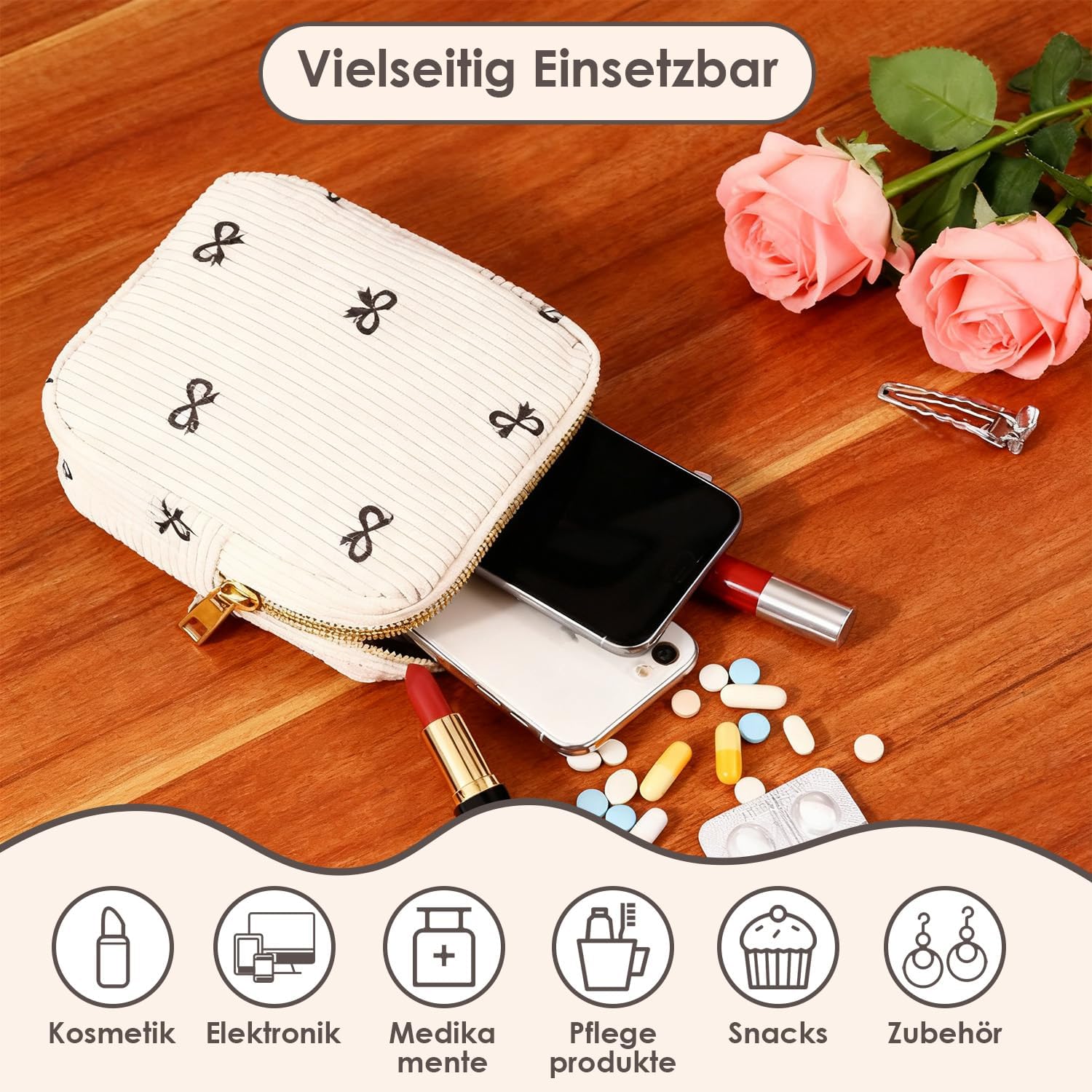 Aufbewahrungstasche für Damenbinden, Hygienetasche für Damenbinden, Cord-Tampon-Aufbewahrung, Kosmetiktasche klein für Damenbinden und Tampons, Reiseutensilien, tragbare Make-up-Tasche für Frauen und Mädchen (Schleife) – Bild 4
