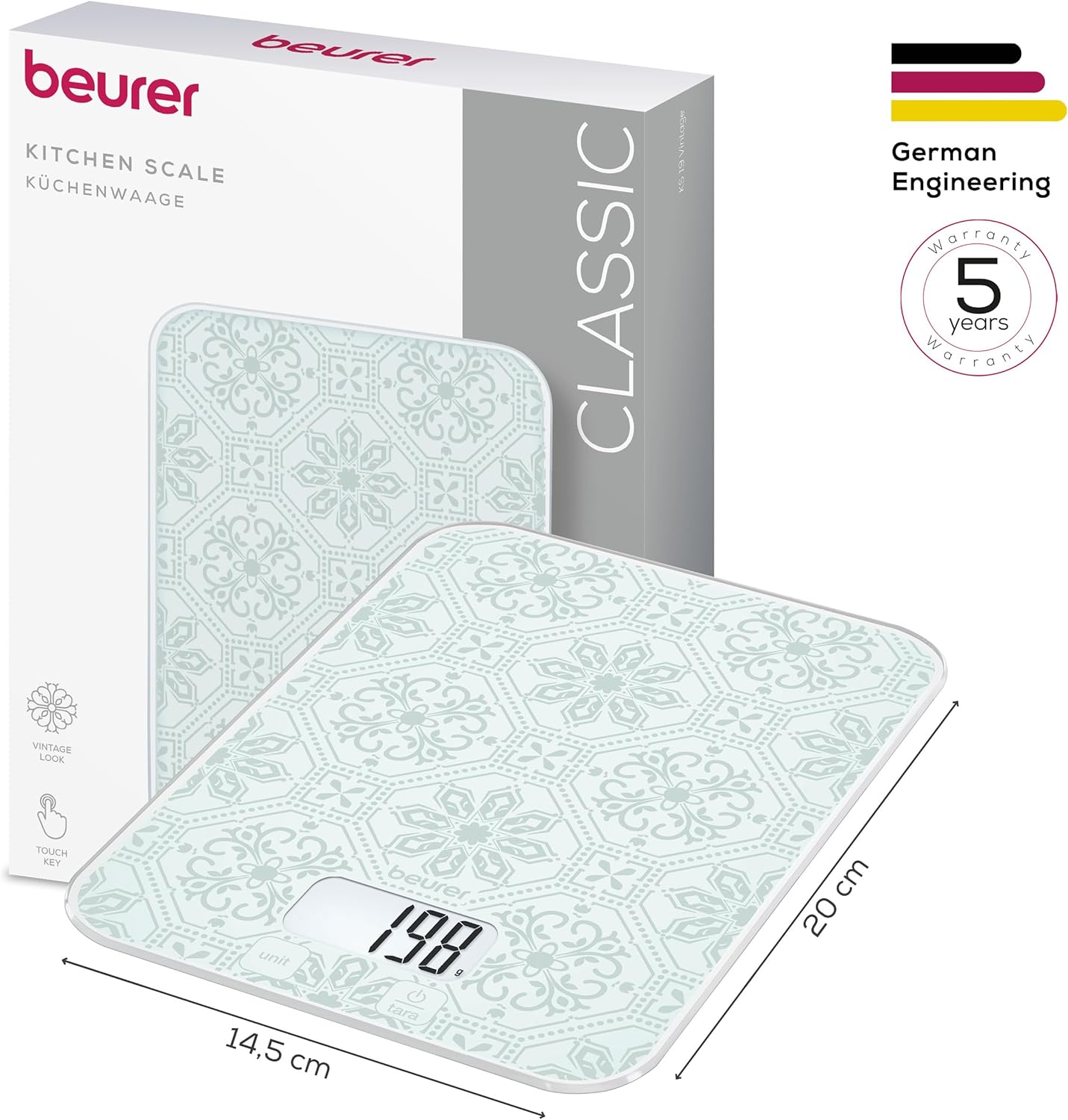 Beurer KS 19 Vintage Digitale Küchenwaage, Tragkraft bis 5 kg (1g-genaue Abstufung), Haushaltswaage mit Sensor-Touch, Lebensmittelwaage mit Batterien, ultraflaches Vintage-Design – Bild 3