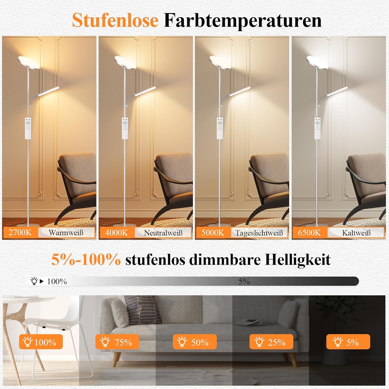 Wohnzimmer-Stehlampe, 42 W Deckenfluter mit Leselampe, 4200 LM LED-Stehlampe, dimmbar mit 2700 K-6500 K Farbtemperatur, moderne Stehlampe mit Fernbedienung und Touch-Steuerung – Bild 3