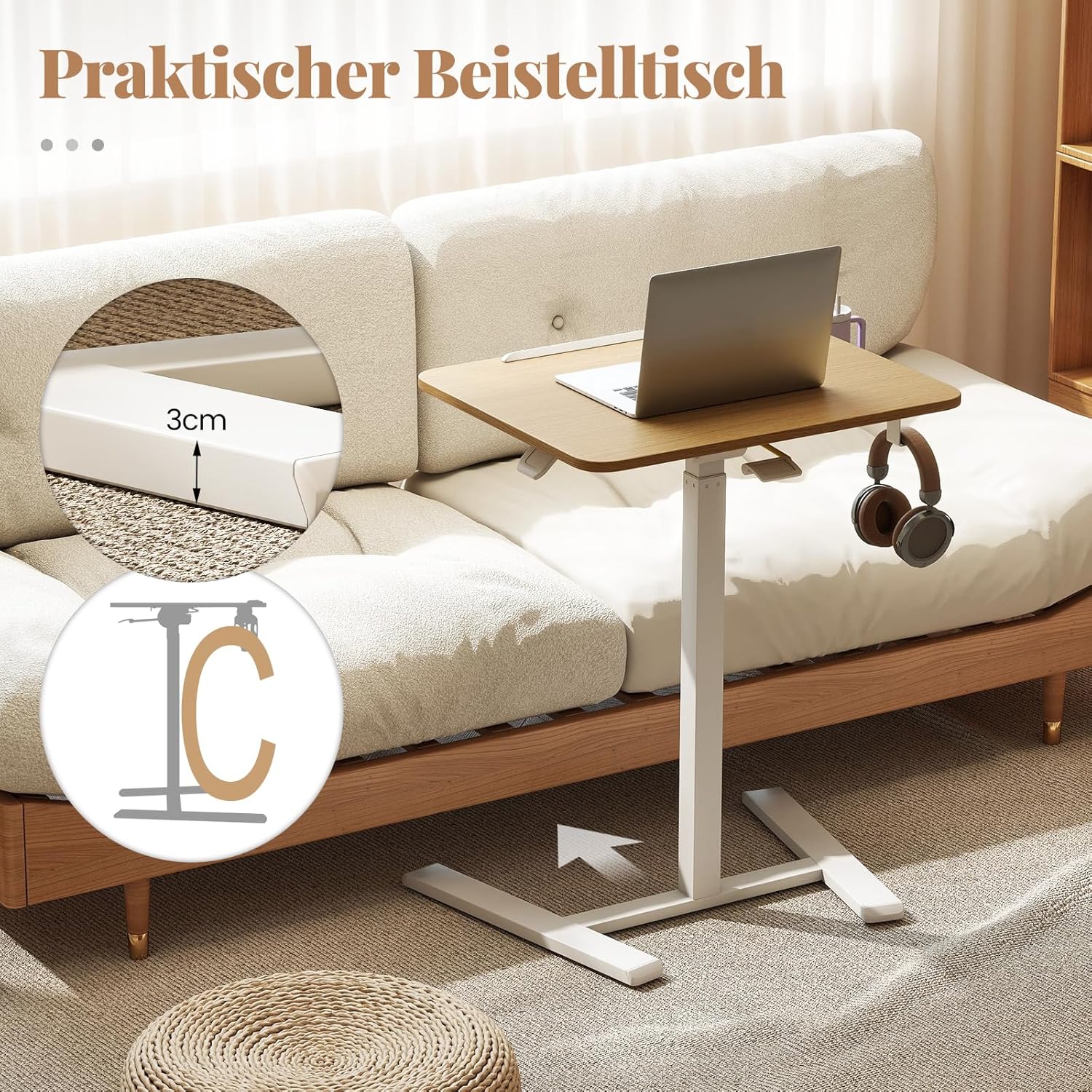COSTWAY Beistelltisch höhenverstellbar mit versteckten Rollen, Stehtisch mit um 90° neigbarer Tischplatte, Haken und Getränkehalter, Stehpult, Stehpult, Laptoptisch für Wohnzimmer – Bild 6