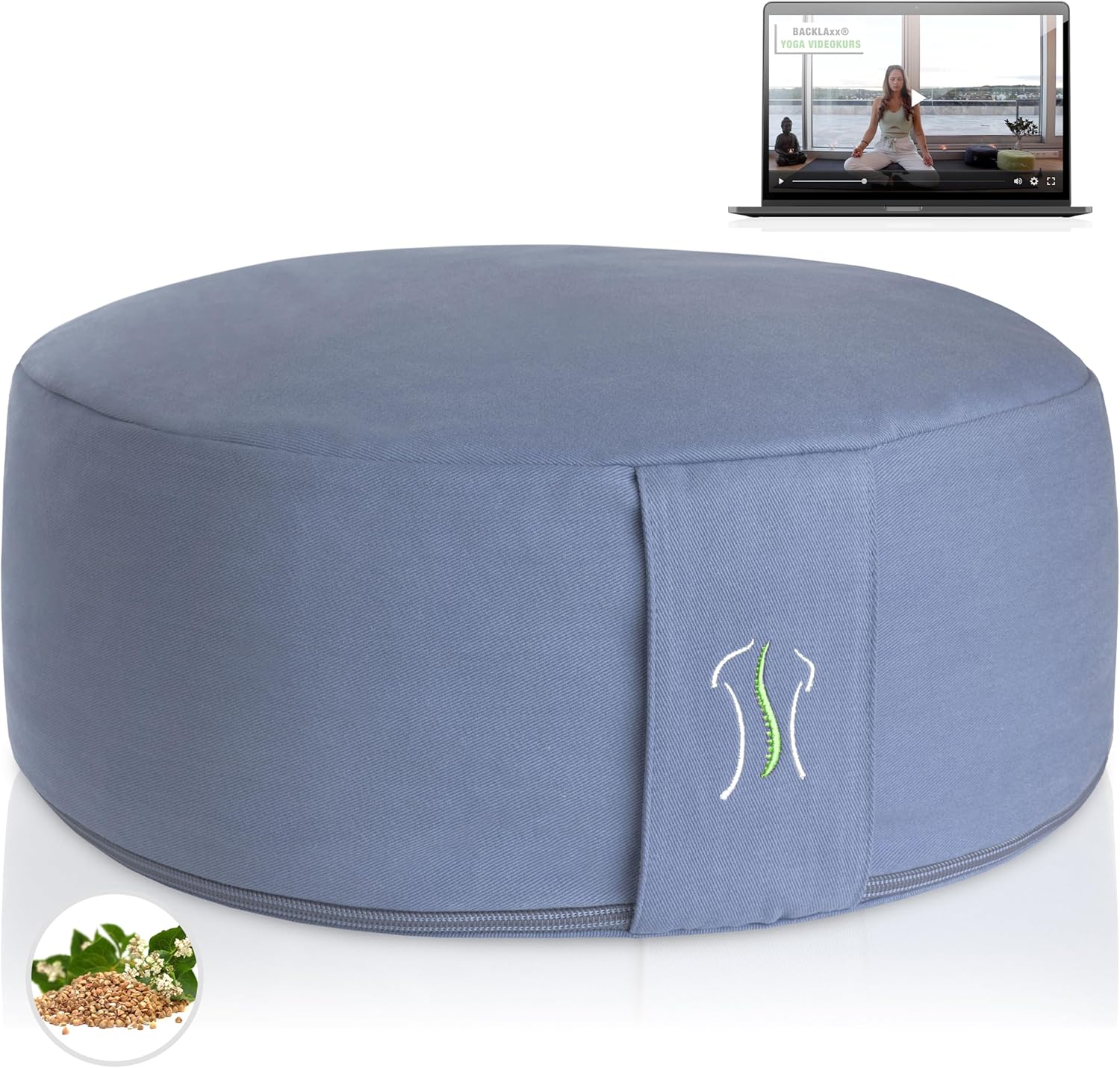 BACKLAxx Yogakissen Meditationskissen XL 35 cm 30% mehr Sitzfläche 15 cm hoch mit Buchweizenfüllung Yoga Sitzkissen Unterlage Perfektes Meditationszubehör Yogakissen rund inkl. Videokurs