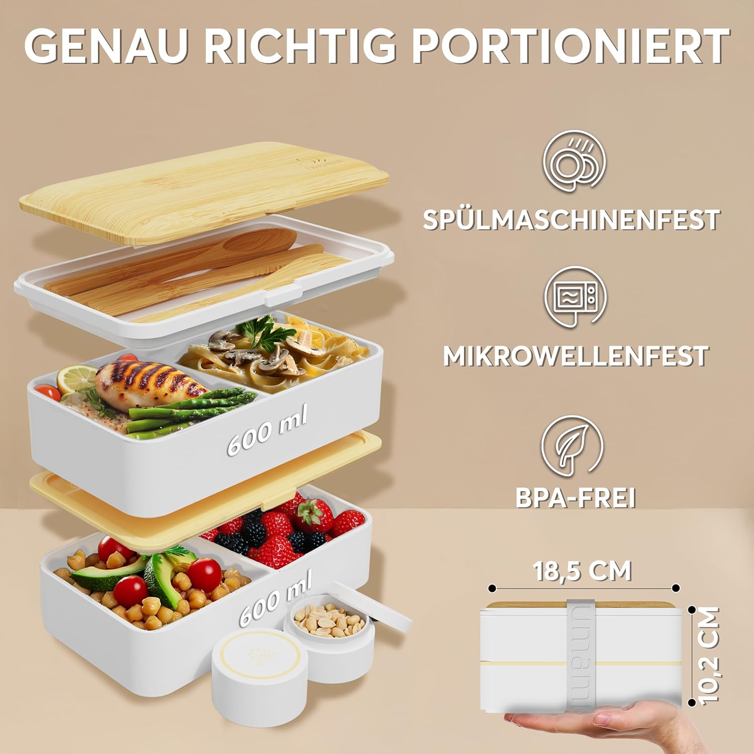 Umami® Bento-Lunchbox für Erwachsene/Kinder, Premium Edition, 2 Saucenboxen und 4 Besteck, Lunchbox für Männer und Frauen, 2 Meal-Prep-Behälter, Mikrowelle, Spülmaschine, gefriergeeignet, BPA-frei – Bild 5