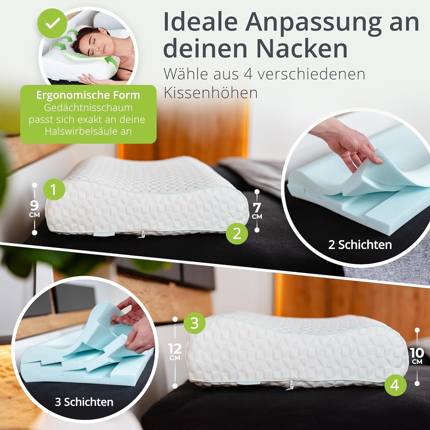 Feela. Orthopädisches Kissen/Schlafkissen (3 Härtegrade) – lindert Nacken- und Schulterschmerzen, erhöht den Schlafkomfort und entlastet die Halswirbelsäule | Kissen, Kissen 80 x 40 cm, Kissen (mittel) – Bild 4