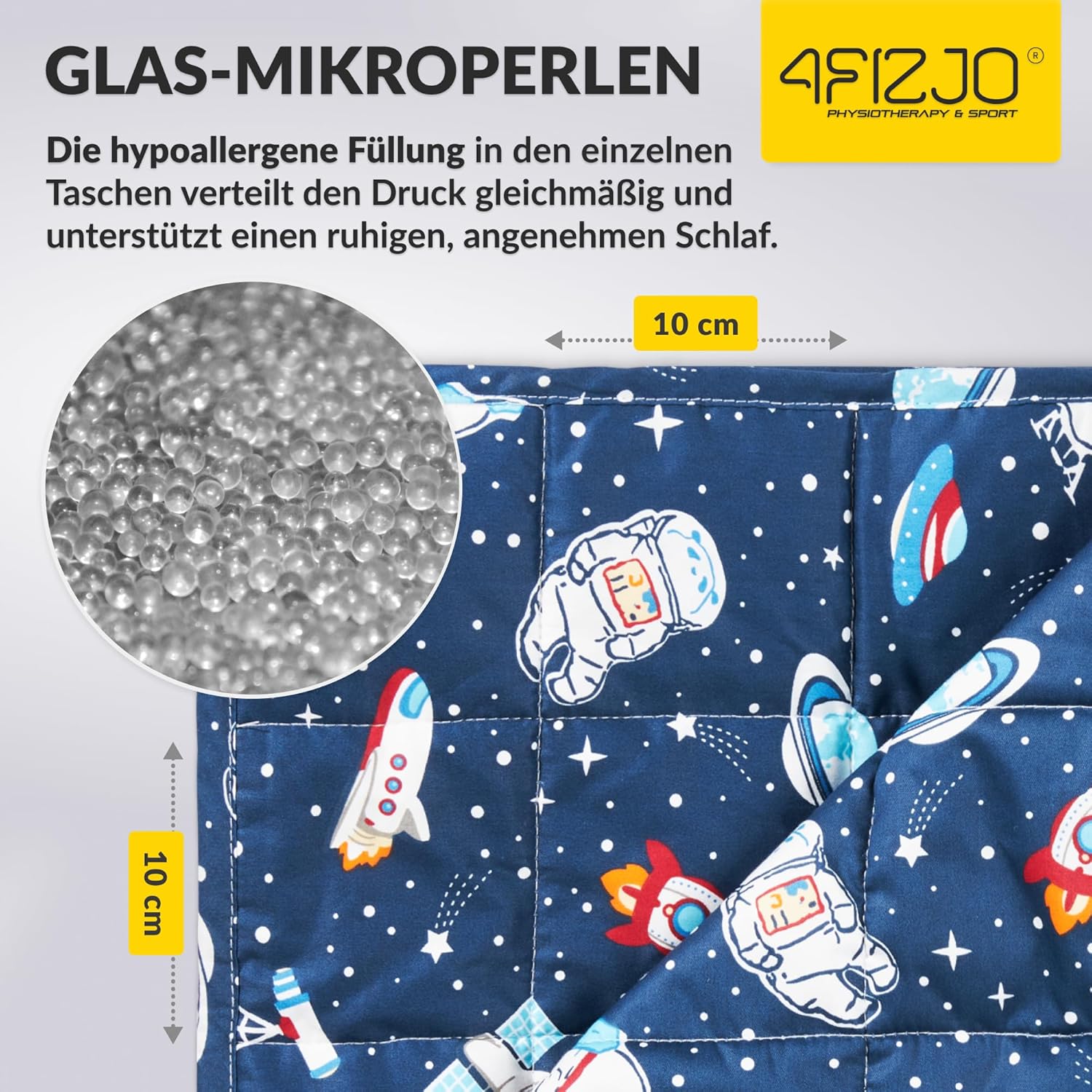 4FIZJO Gewichtsdecke Kinder 3 kg 100 x 150 cm, Therapiedecke zum Stressabbau & Angstzustände, hypoallergene Glasperlen, weiche & kühlende Polyester-Außenschicht, für Kinder von 15-25 kg, Dunkelblau – Bild 7