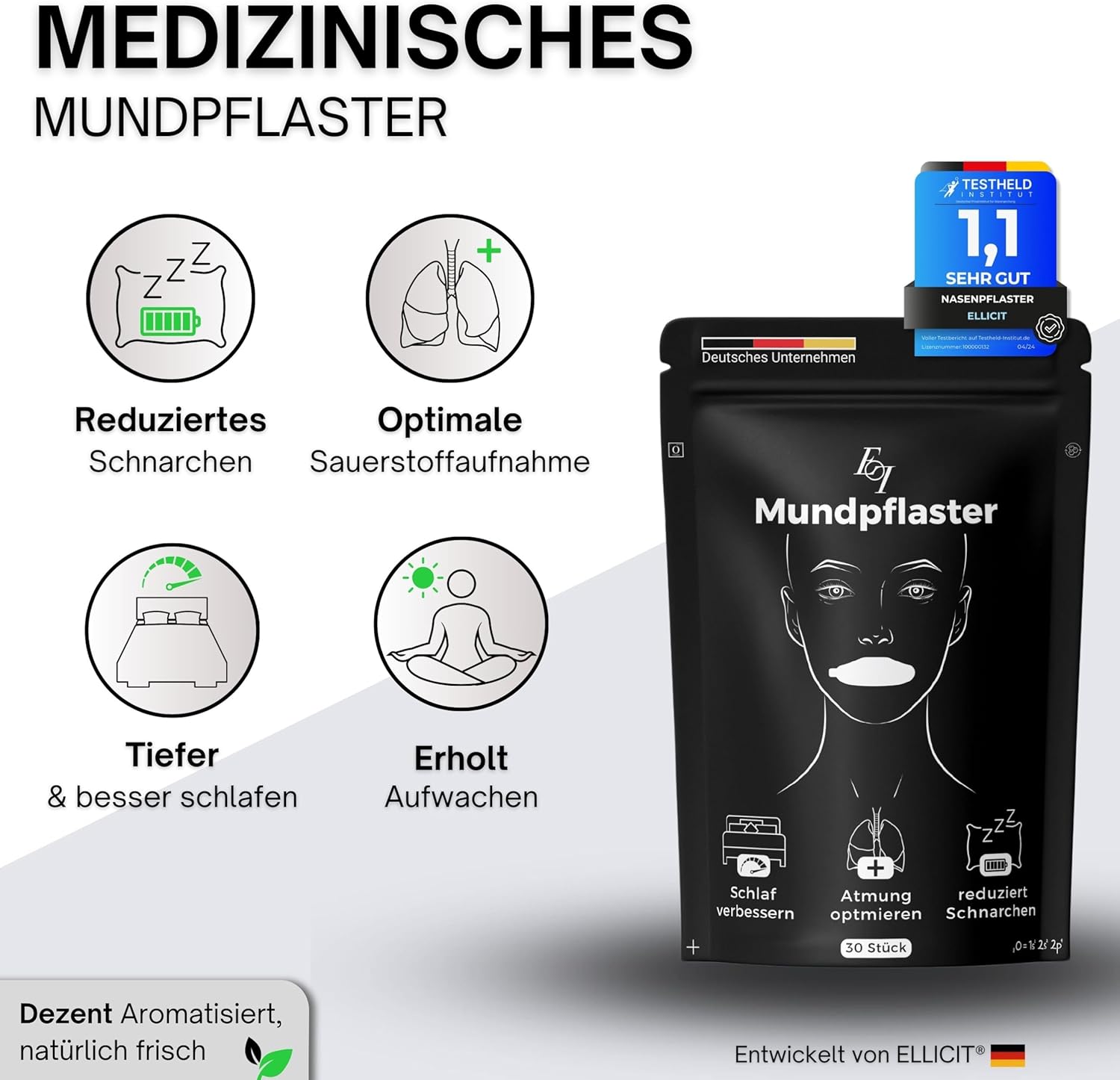 El licit Schlaf-Mundpflaster, 30 Stück, Premium-Mundband zum Schlafen, dezent aromatisiert, Schnarchpflaster gegen Schnarchen, optimaler Halt auch bei Bart, 95 % Baumwolle (angenehme Universalgröße) – Bild 2