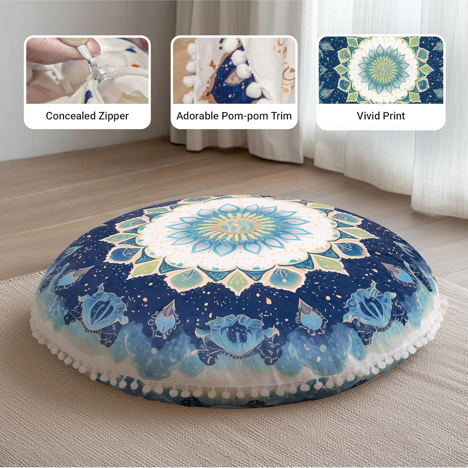 Meditations-Bodenkissen, rundes Sitzkissen mit waschbarem und abnehmbarem Bezug, 80 cm großes ergonomisches Yogakissen mit Pompon-Dekoration, für drinnen und draußen, grün – Bild 5