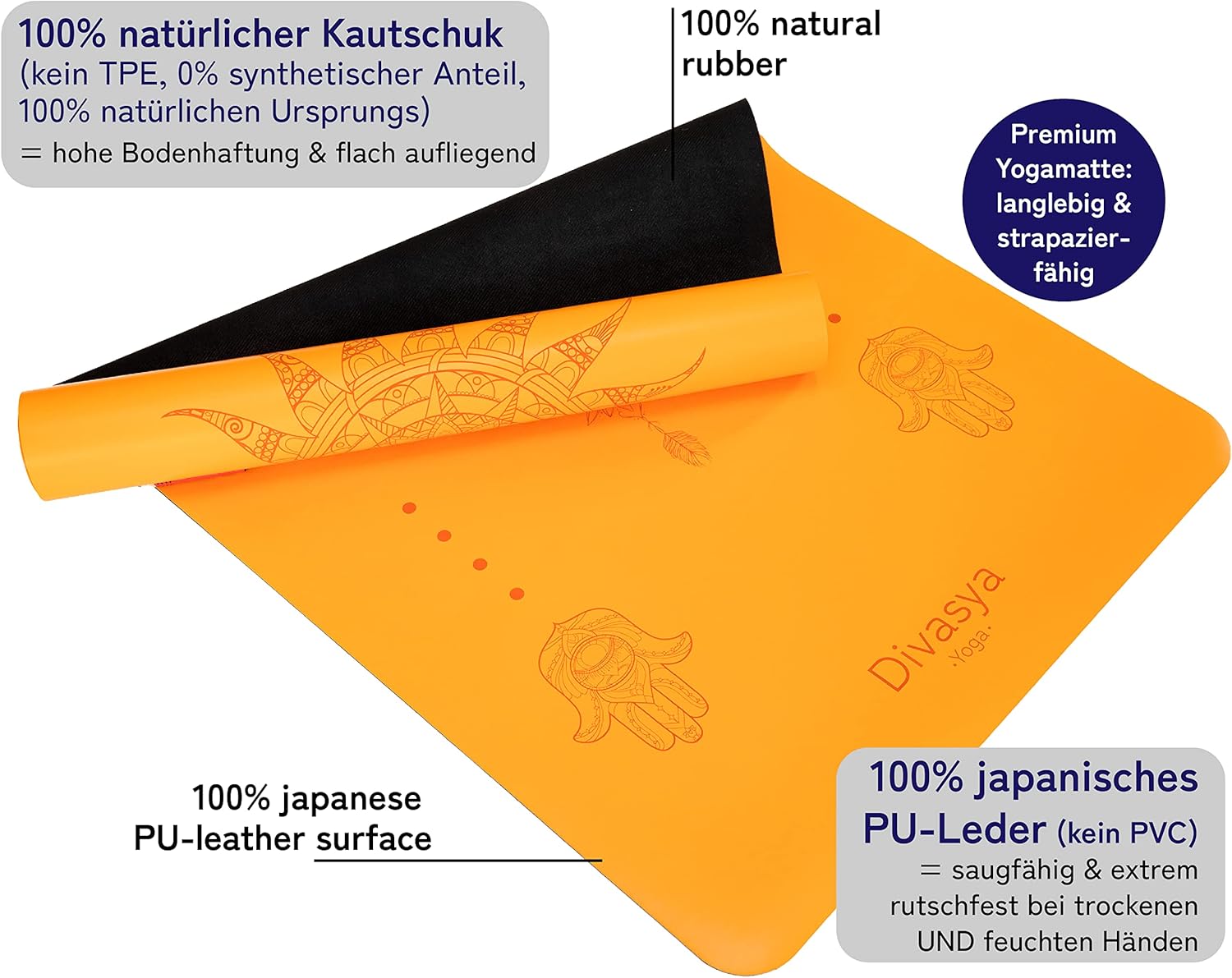 Rutschfeste Premium-Yogamatte: Rutschfester Naturkautschuk und japanische Profi-Griffoberfläche | 185 x 68 x 0,45 cm | Tragegurt | 4,5 mm dicke Yogamatte, rutschfest – Bild 5