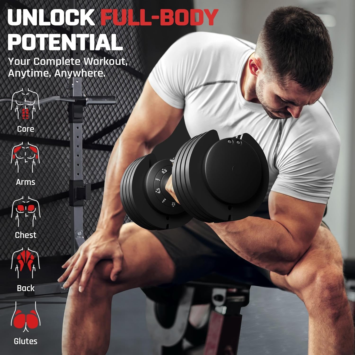 Yaheetech Verstellbarer Hantel, 15 Stufen aus Stahl, 2,5 – 24 kg, sofortige Anpassung, Doppelverriegelungssystem, rutschfest, für Fitnessstudio, Zuhause, Büro – Bild 3
