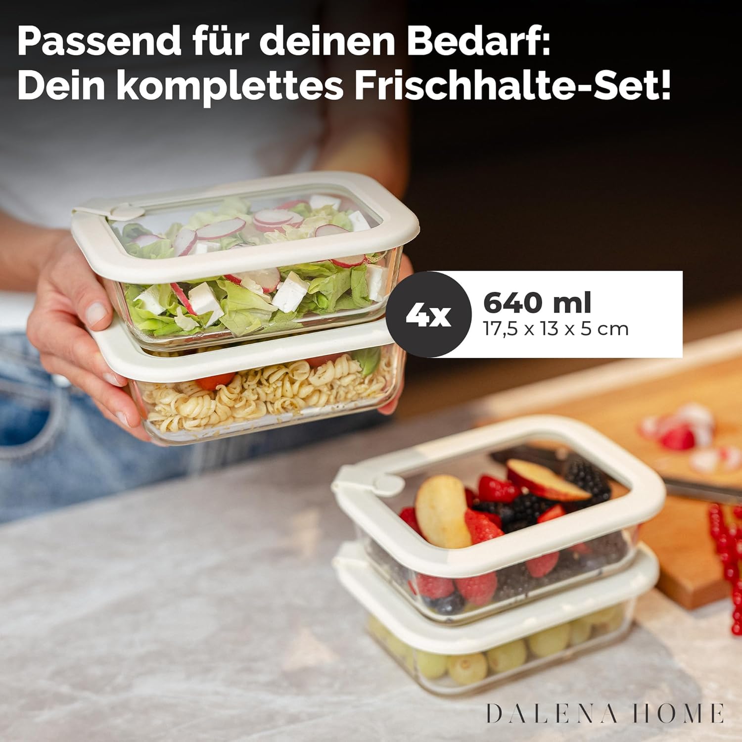 Frischhaltedosen-Set, 4 x 640 ml – Borosilikatglas, Glasbehälter, luftdicht und mikrowellengeeignet, Essenszubereitung, Kühlschrank-Organizer, Aufbewahrungsküche – Bild 2