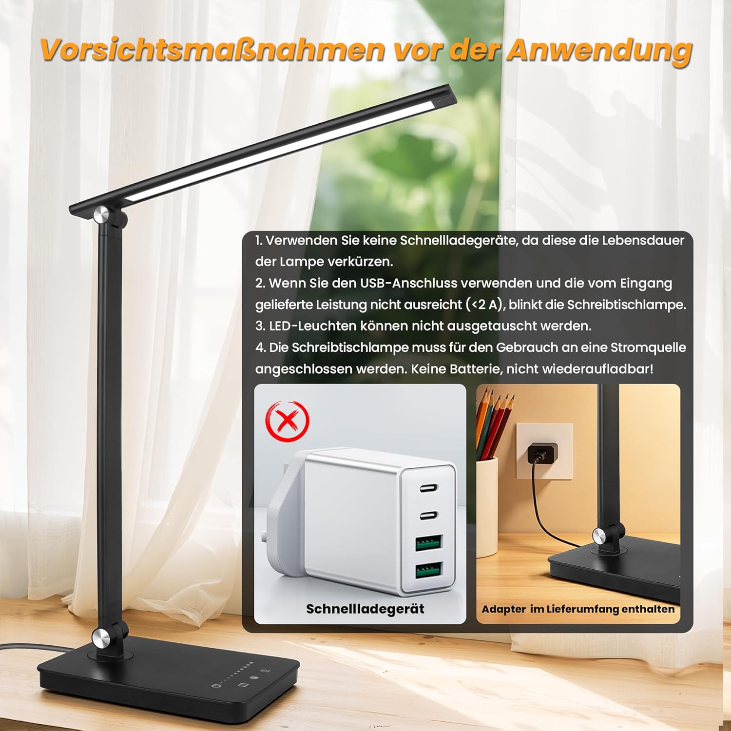 Akynite 42 LED-Schreibtischlampe, dimmbarer USB-Anschluss, 2A-Adapter im Lieferumfang enthalten, 5 Farben, 10 Helligkeiten, Leselampe, Schreibtisch, faltbare Lampe Touch mit Timer, Leselampe für Kinder, Schwarz – Bild 9