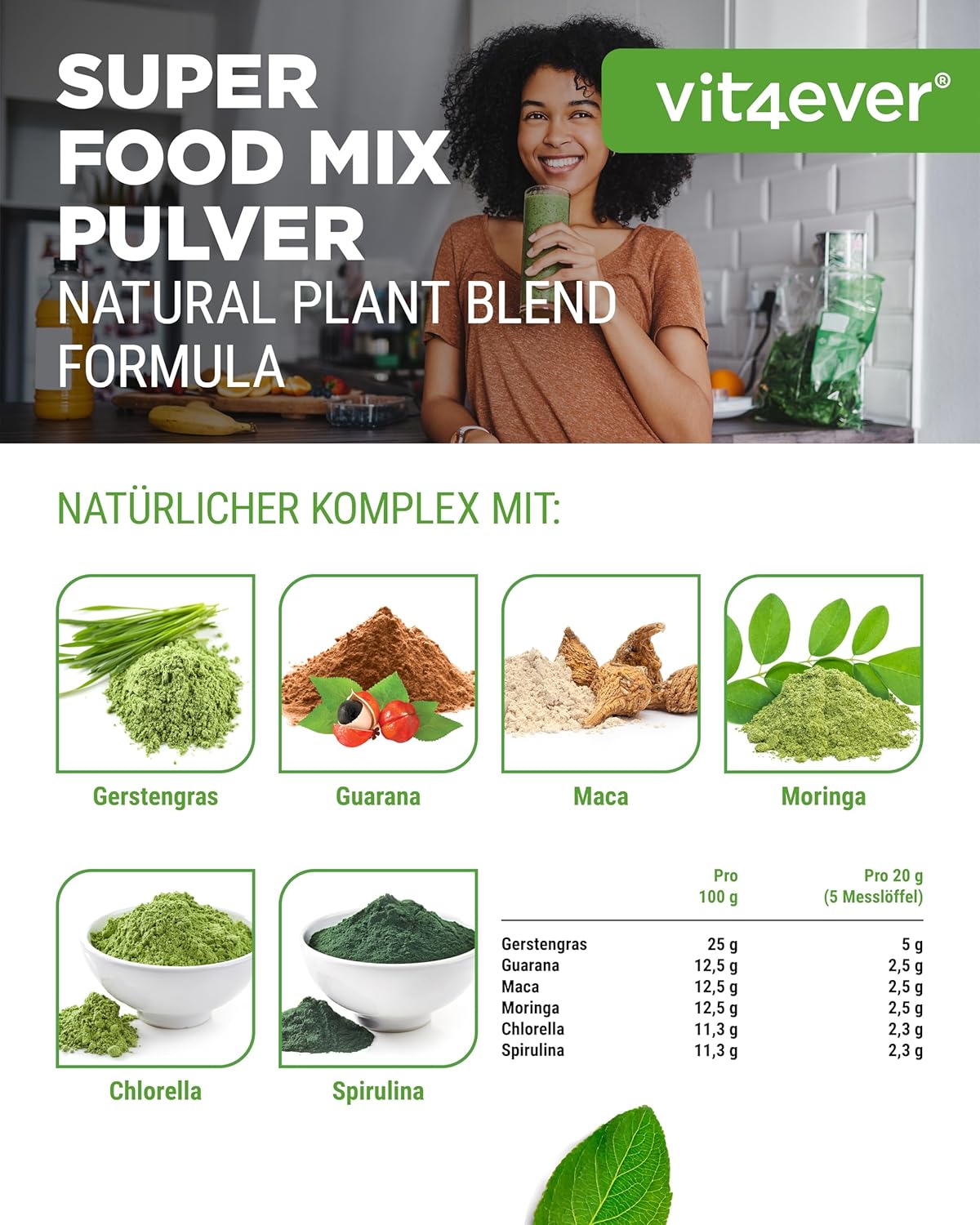 vit4ever Superfood Mix Pulver – 420 g mit 6 Superfoods (Gerstengras, Spirulina, Chlorella, Moringa, Maca & Guarana) – natürliches Zitronenaroma – Bild 5