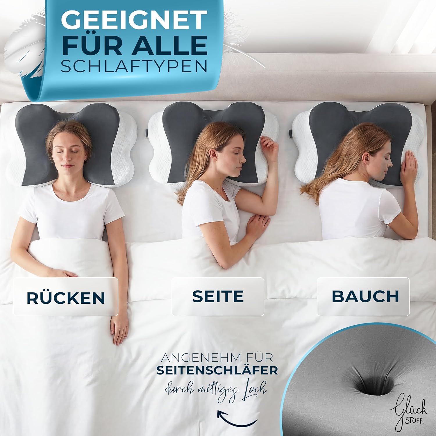 Glückstoff Ergonomisches Kissen (Nominiert für den Innovationspreis Ergonomie) Memory Foam Kissen Ergonomisches Nackenkissen Nackenrolle Seitenschläferkissen Grau – Bild 5