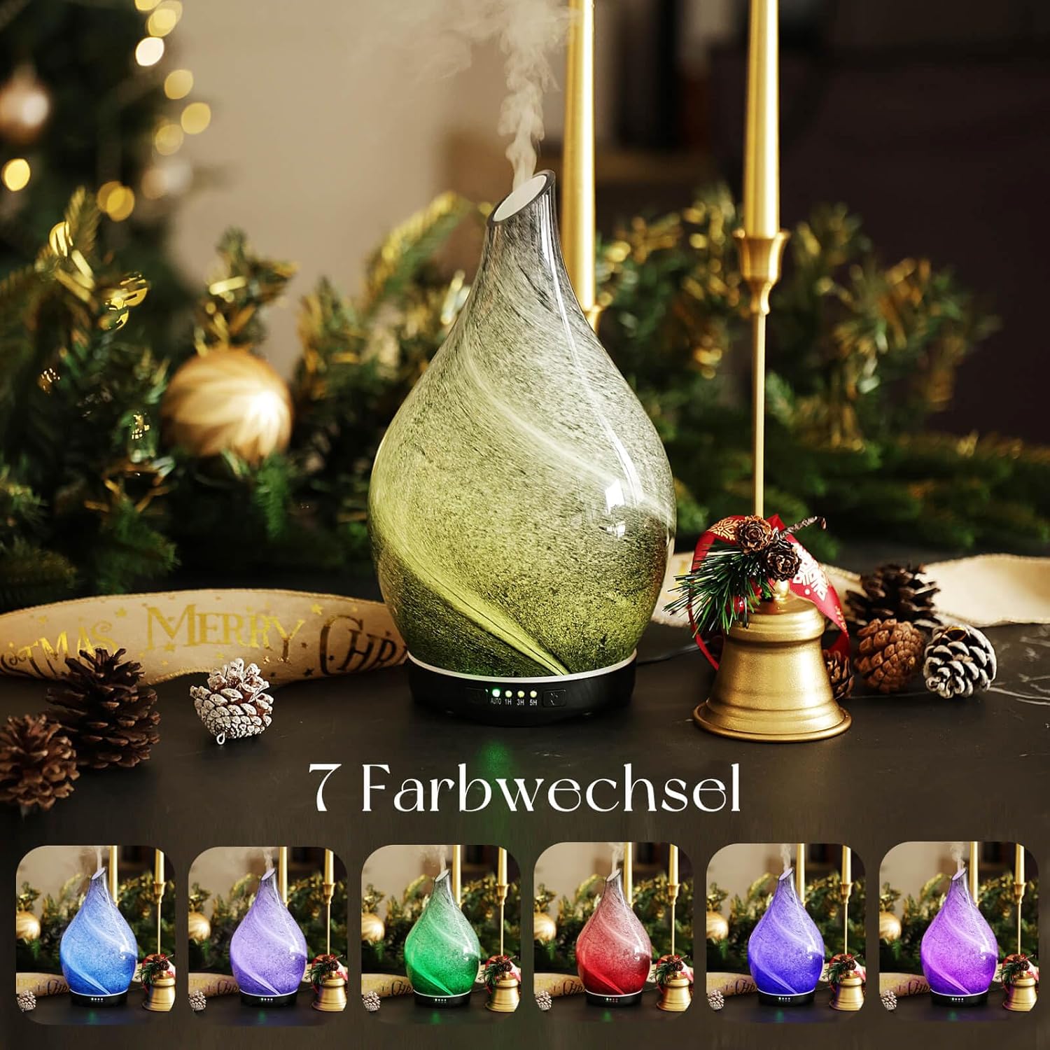 Porseme Aromadiffusor 280 ml, Luftbefeuchter aus mundgeblasenem Glas, Ultraschall-Aromatherapie-Öldiffusor mit 7 farbigen LED-Lichtern, Diffusor für ätherische Öle mit Timer, BPA-frei für Zuhause (Obsidian) – Bild 3