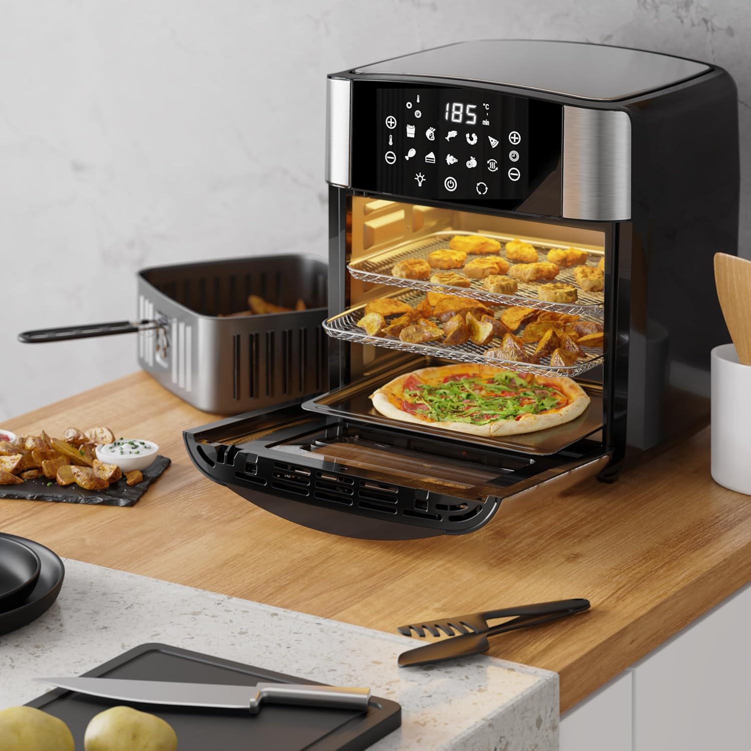 Arendo - XXL-Heißluftfritteuse 16 Liter - Grill - Dörrgerät - Ofen - Heißluftfritteuse - Touchscreen - Einfach & sauber - Fritteuse ohne Öl - Konvektion - Pizza-Hähnchen-Pommes - BPA-frei - Schwarz – Bild 6