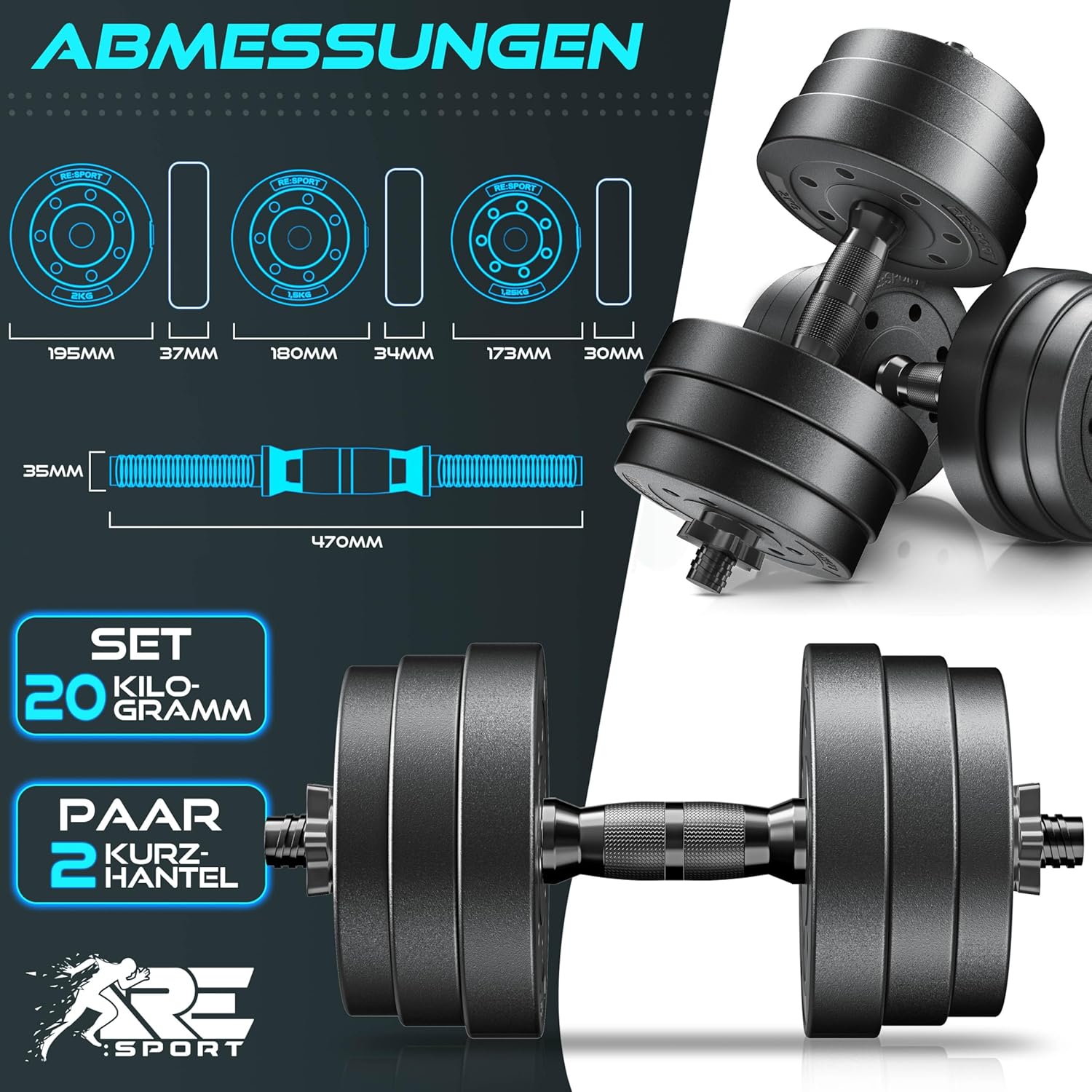 RE:SPORT 2er-Set verstellbare Kurzhanteln 15/20/30/40 kg | Hantelset mit 2 Hanteln | Hantel mit Gewichten und 4 Spinlock-Kragen | Fitness-Hantel für Muskelaufbau, Training und Zuhause – Bild 2