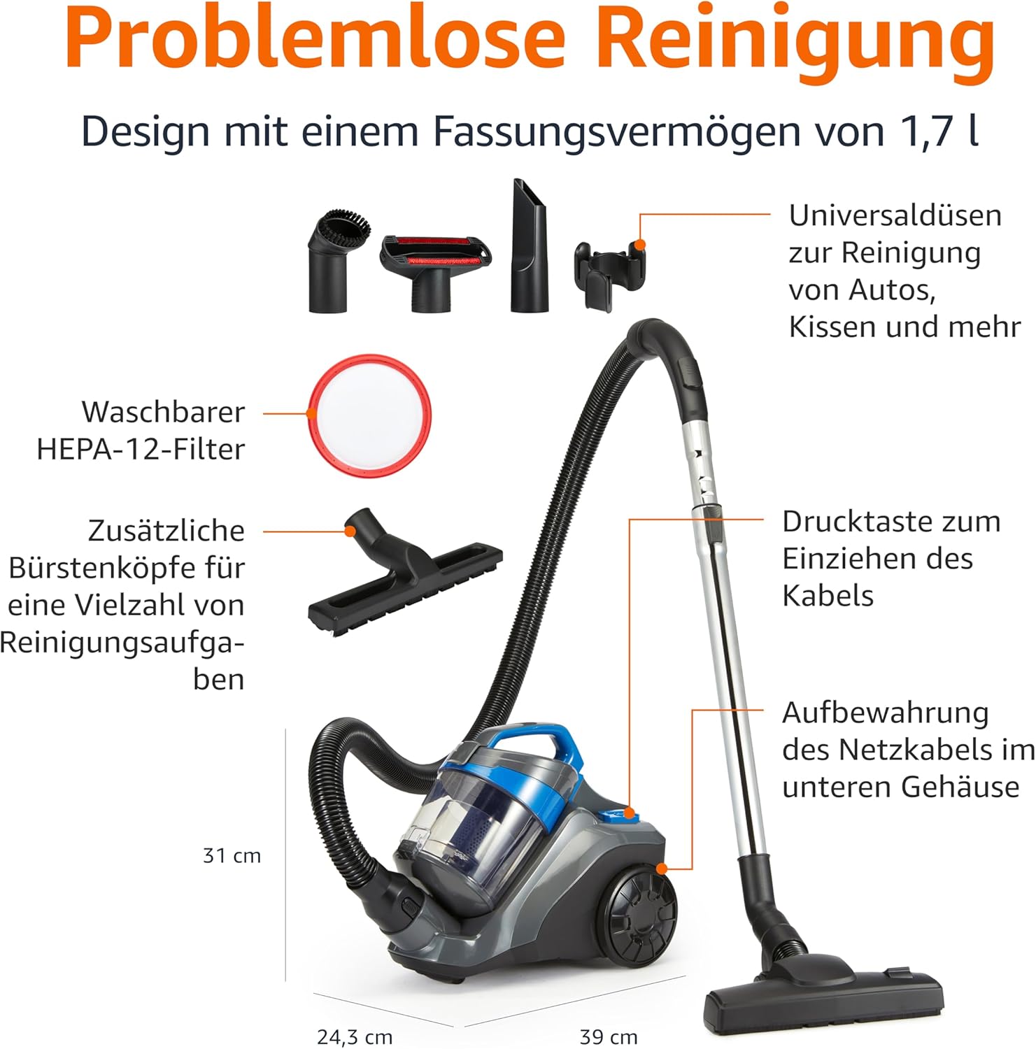 Amazon Basics Staubsauger ohne Beutel, 1,7 l, kompakt, leicht, mit Dreifach-Aktionsdüse, HEPA-Filter, 850 W, für Teppiche und Hartböden, Schwarz und Blau – Bild 2