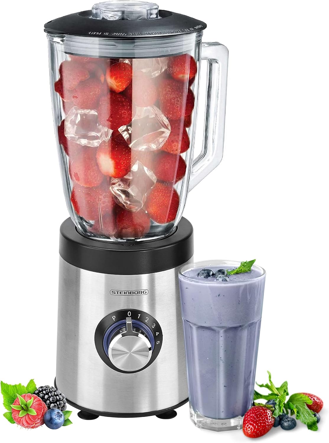 Standmixer 800 Watt, 6-fach Metallmesser, 1,5 Liter, 5 Stufen, Glas, Edelstahl, Pulse-Funktion, Universal-Powermixer, Protein-Shaker, Handmixer, Eis-Crusher, Zerkleinerer, Smoothie-Maker, Standmixer