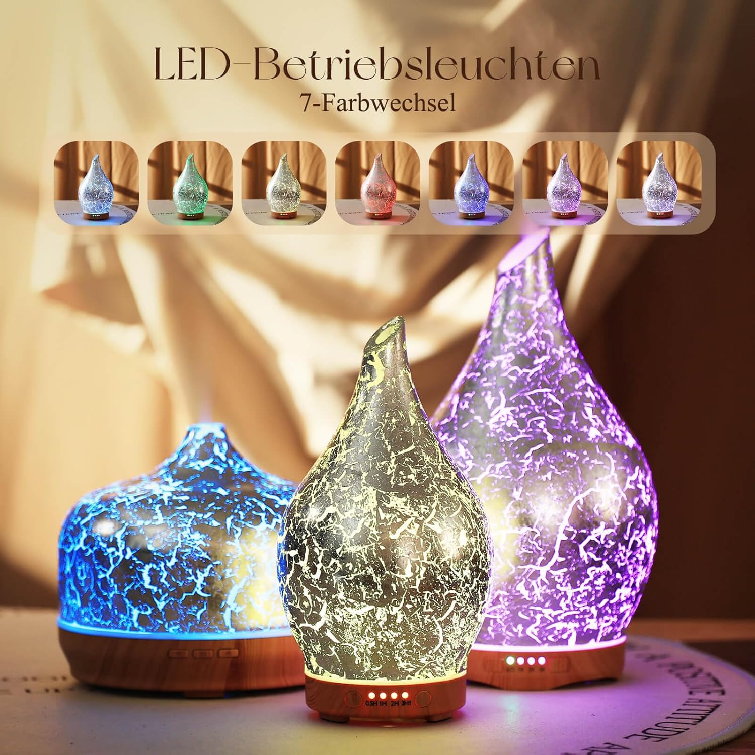 Porseme Aromadiffusor 150 ml, Luftbefeuchter aus mundgeblasenem Glas, Ultraschall-Aromatherapie-Öldiffusor mit 7 farbigen LED-Lichtern, Diffusor für ätherische Öle mit Timer, BPA-frei für Zuhause (versilbert) – Bild 2