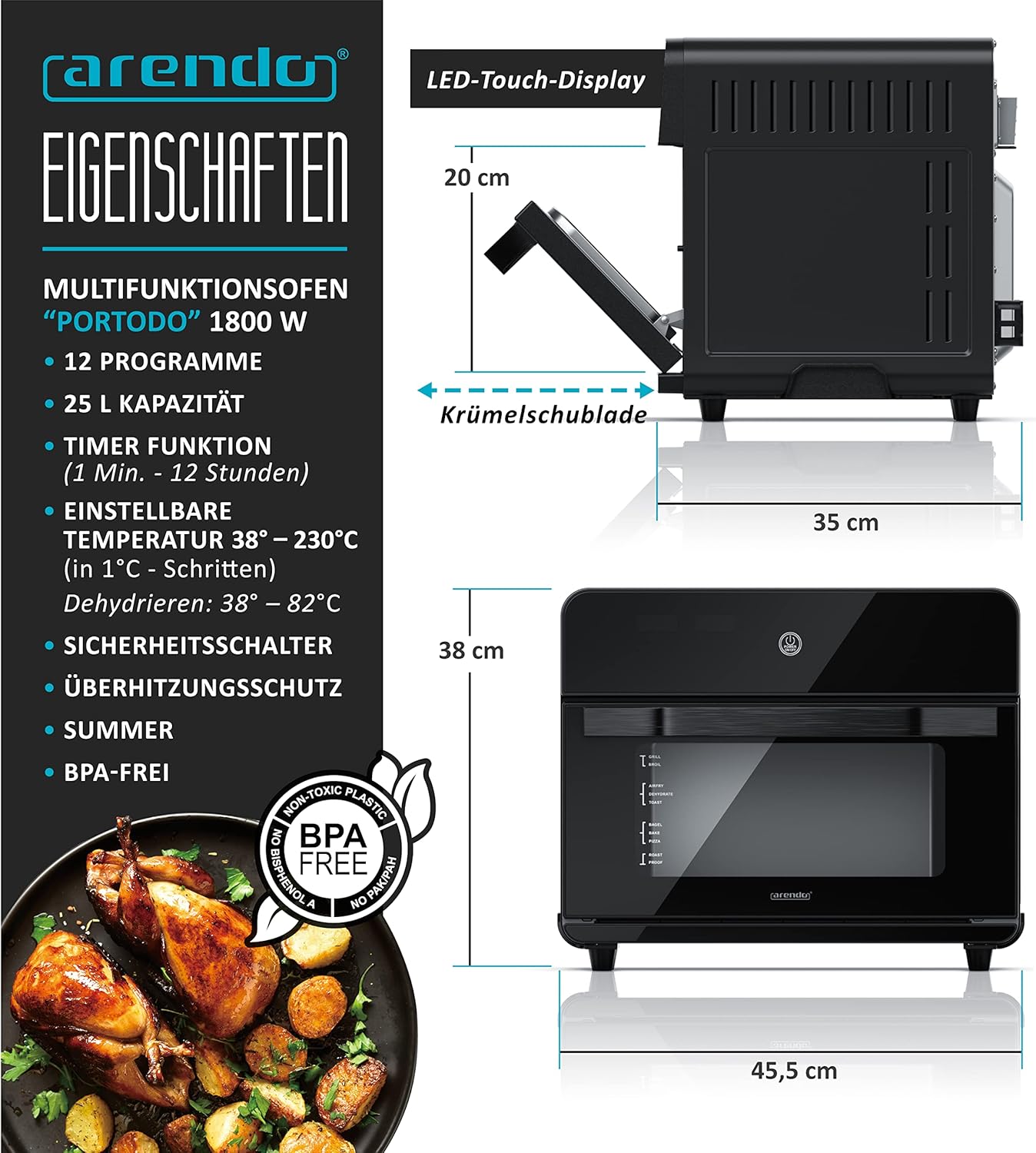 Arendo – Heißluftfritteuse 25 Liter aus Edelstahl – Multifunktionsofen – Mini-Ofen – Aerofryer – 1800 Watt – inklusive Backblech, Trockenblech, Ofenrost, Frittierkorb – BPA-frei – Bild 2