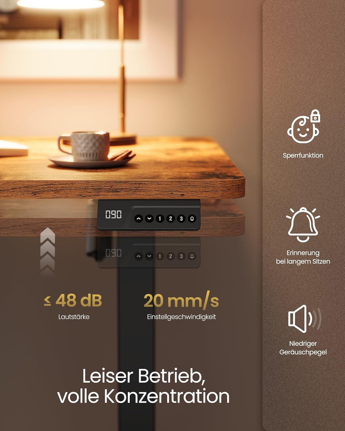 VASAGLE LSD312KD03 Höhenverstellbarer Schreibtisch, Stehpult, Computertisch, Long-Sit-Memory-Funktion, 4-Höhen-Büroschreibtisch, 120 x 60 cm, Vintage-Braun – Bild 6