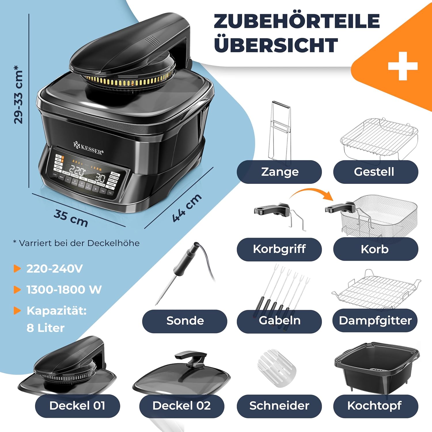 KESSER Multikocher mit Heißluftfritteuse 8 L & 16 Programme Küchengerät – Grillen, Backen, Dünsten, Vorheizen & Warmhalten Funktion, Reiskocher, Schongarer, Joghurtbereiter – Bild 9