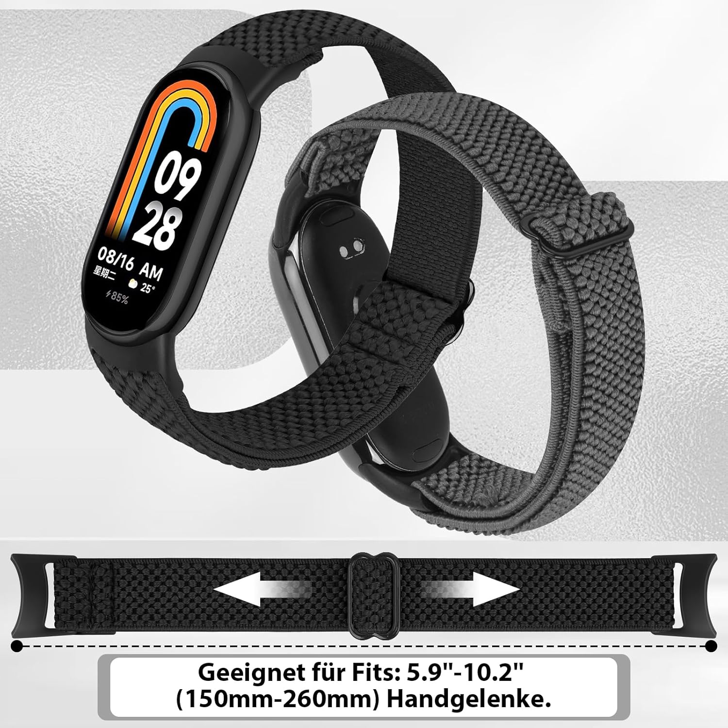 Elastisches Nylon-Armband, nur kompatibel mit Xiaomi Smart Band 10/9/8, verstellbare dehnbare Armbänder, Sport-Ersatzarmband für Xiaomi Mi Band 8/Mi Band 9/Mi Band 10 Herren Damen (2 Stück) – Bild 4