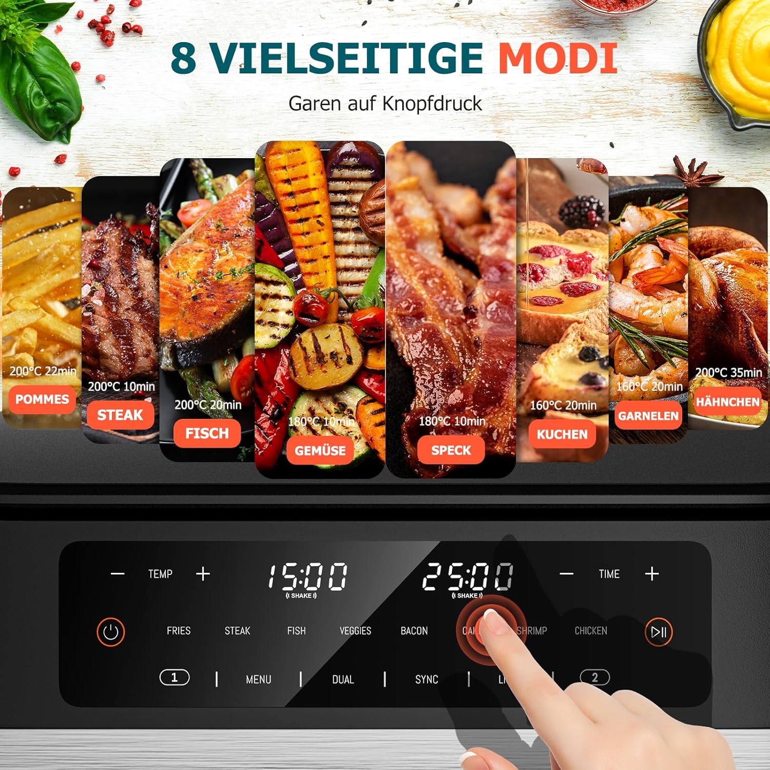 Heißluftfritteuse mit Sichtfenster, 12 l Fassungsvermögen, XXXL verstellbarer Airfryer, 10-in-1 voreingestellte Programme, Touchscreen, intelligente Synchronisation und Timer, energiesparend, Fritteuse ohne Öl – Bild 3