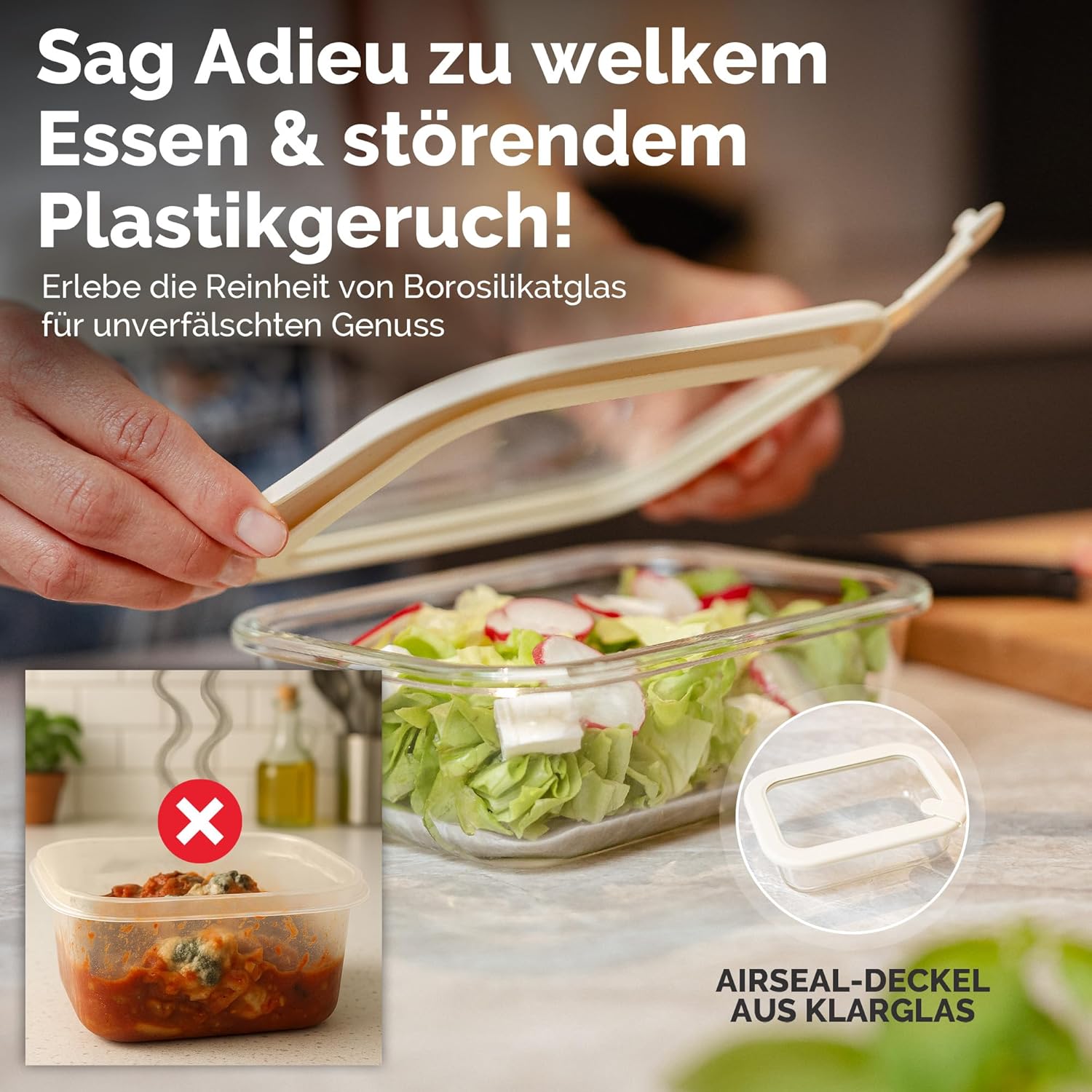 Frischhaltedosen-Set, 4 x 640 ml – Borosilikatglas, Glasbehälter, luftdicht und mikrowellengeeignet, Essenszubereitung, Kühlschrank-Organizer, Aufbewahrungsküche – Bild 5