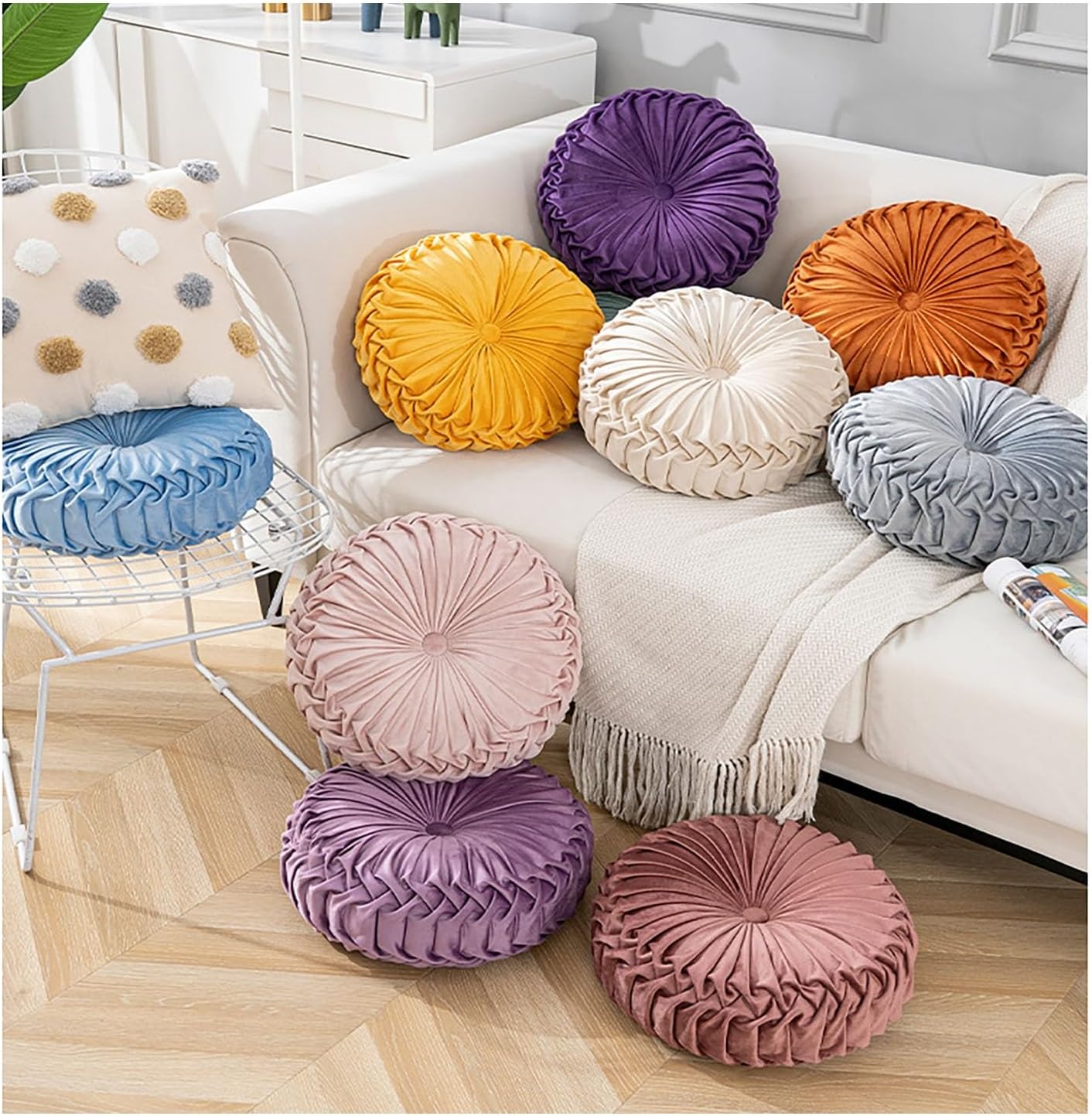 Rundes Dekokissen, Samt-Meditationskissen, rundes Kissen in Radform, 35 cm, für Wohnzimmer, Sofa, Bett, Stuhl, Boden, Auto, Schlafzimmer (Beige, D: 38 cm x 10 cm) – Bild 6