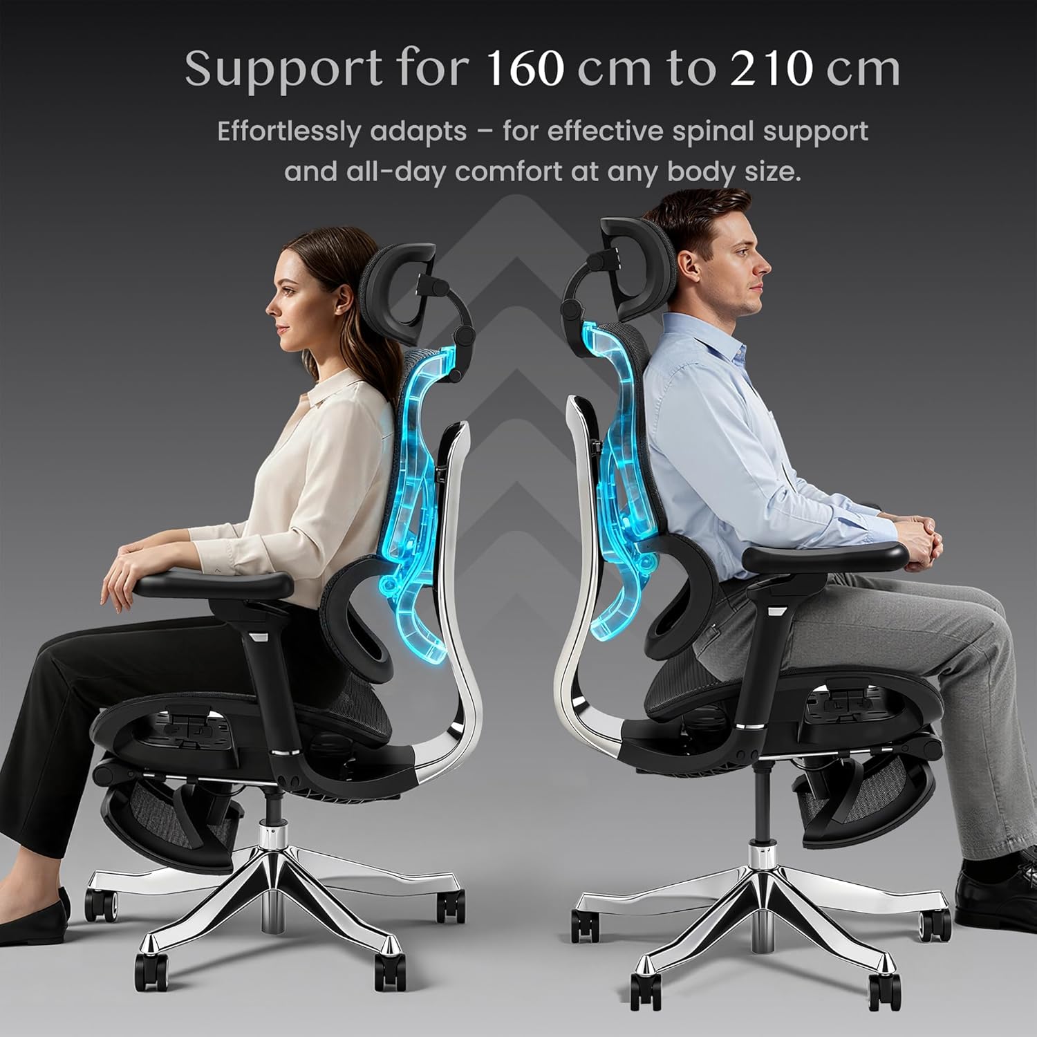 FLEXISPOT ErgoX Max Ergonomischer Stuhl, mit Fußstütze, belastbar bis 300 kg, mit 4D-Kopfstütze und 5D-Armlehnen, einteiliger Rückenlehne und Lordosenstütze, Bürostuhl für Arbeit und Gaming, Schwarz – Bild 6
