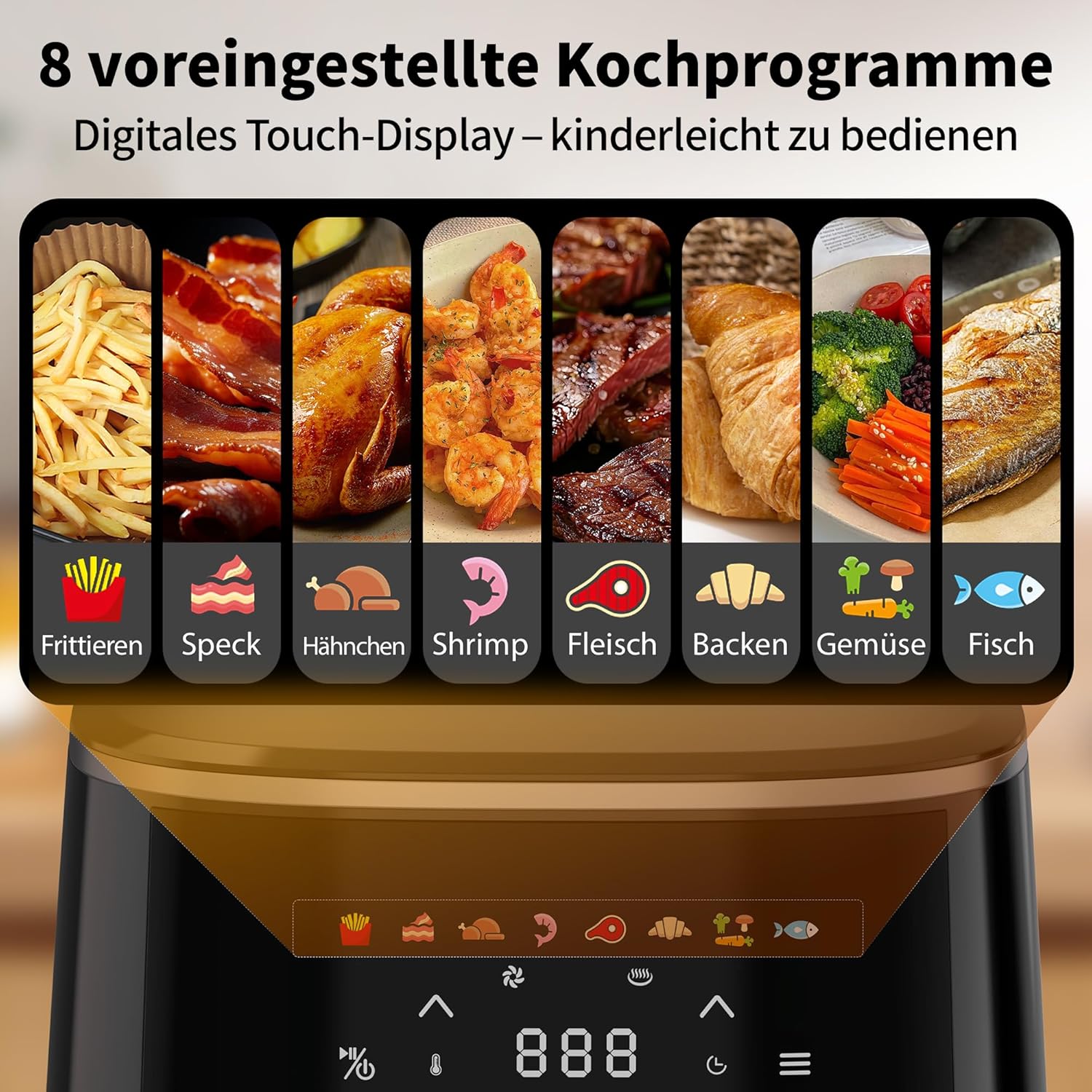 aeco Compact AirFryer 4,3 Liter Heißluftfritteuse mit digitalem Touch-Display, 1500 Watt, 80°-200° verstellbar, 8 Programme, inklusive Rezeptbuch – Bild 2