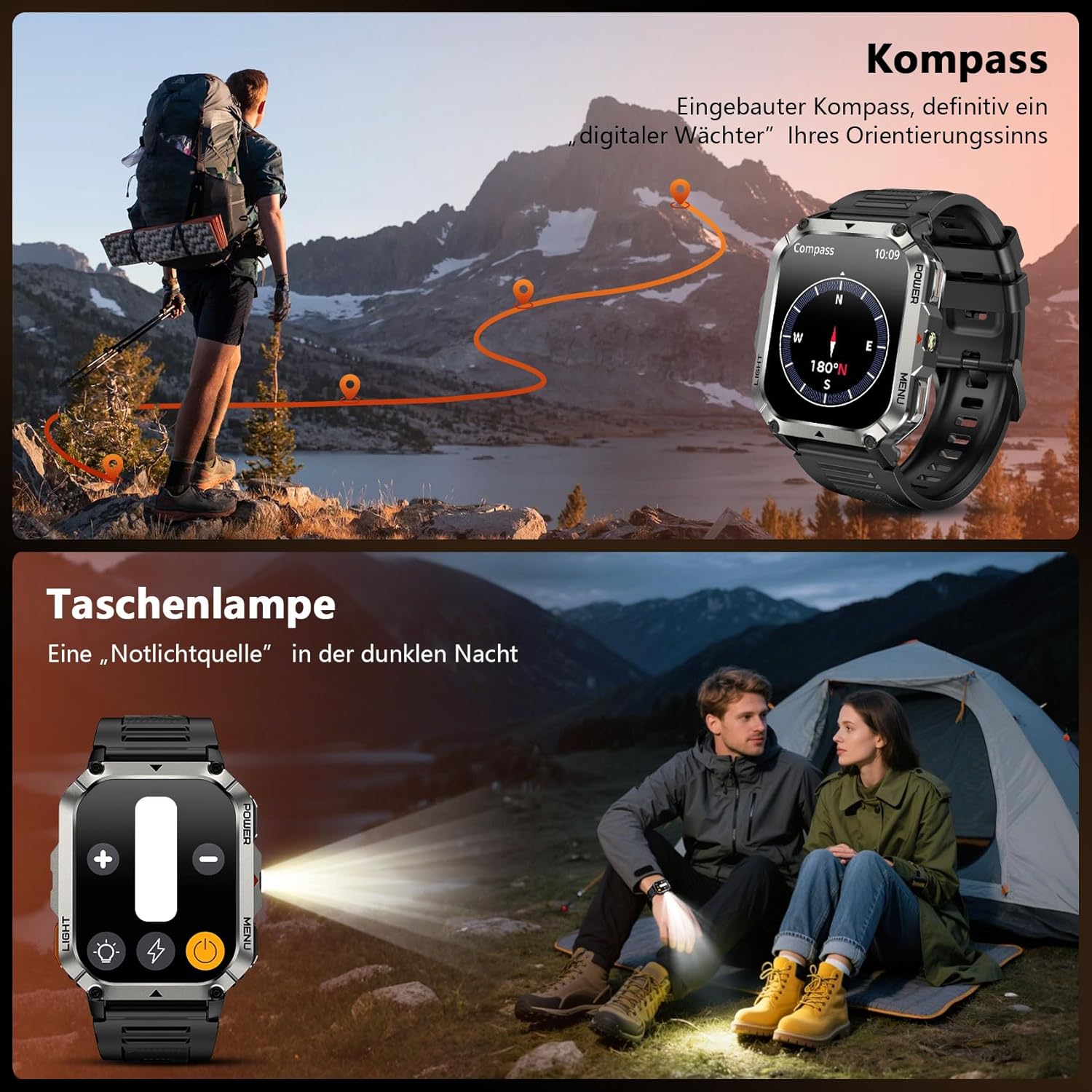 Blackview 900 mAh Herren-Smartwatch, Bluetooth-Anrufe/Kompass/LED-Beleuchtung/2 Armbänder (Silikon/Nylon), Sportuhr mit Puls-Schlaf-Schritten-Kalorien-Kilometer-Monitor, Fitness-Uhr für Android iOS – Bild 4