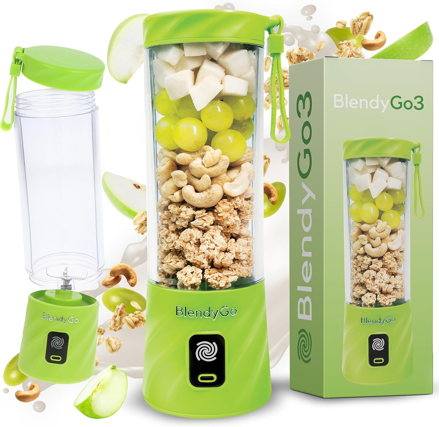 BlendyGo 3 Tragbarer Mixer, Mixer, Mini-Standmixer, 550 ml, Smoothie-Maker, Blender Smoothie-Maker to Go, kabellos, zerkleinert Eis und Obst, BPA-frei, PulseMotion & BlendPro (grün)